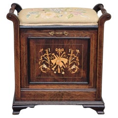 Antique English Edwardian Mahogany Inlay and Needelpoint Piano Stool