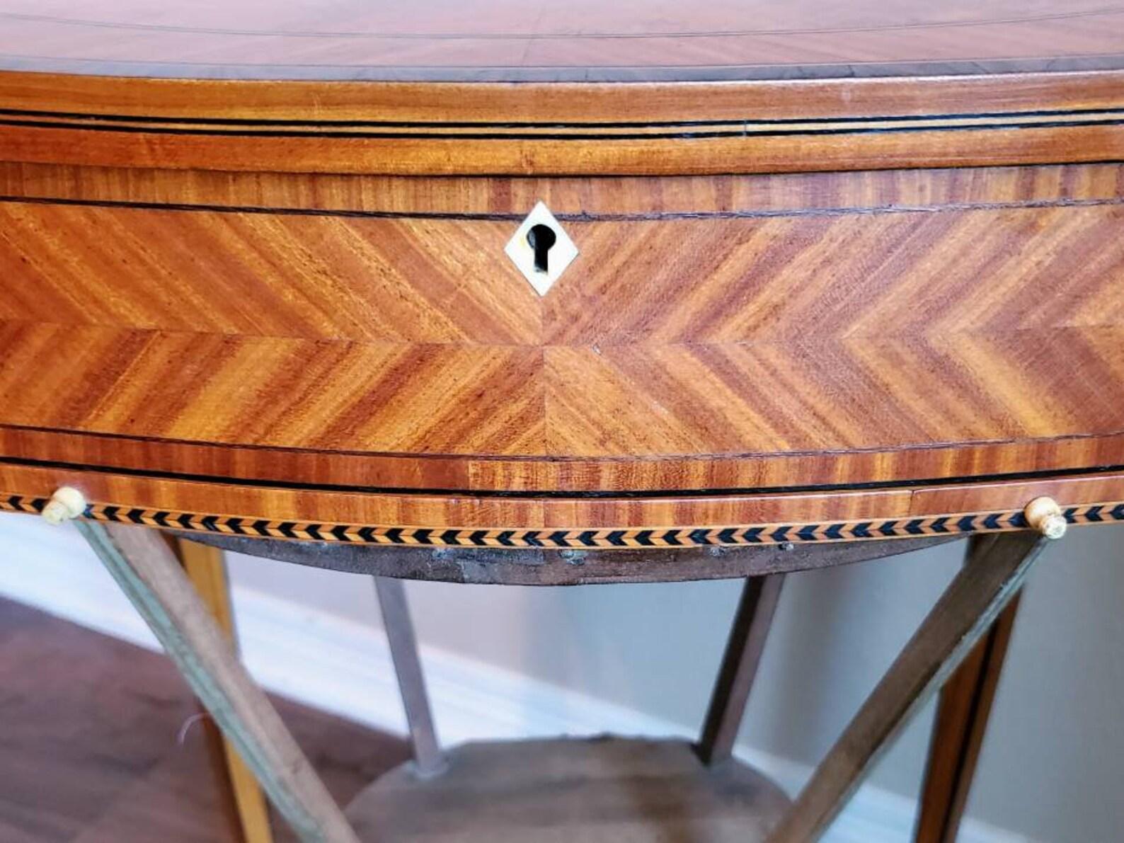 Antique English Edwardian Marquetry Inlaid Sewing Table For Sale 3