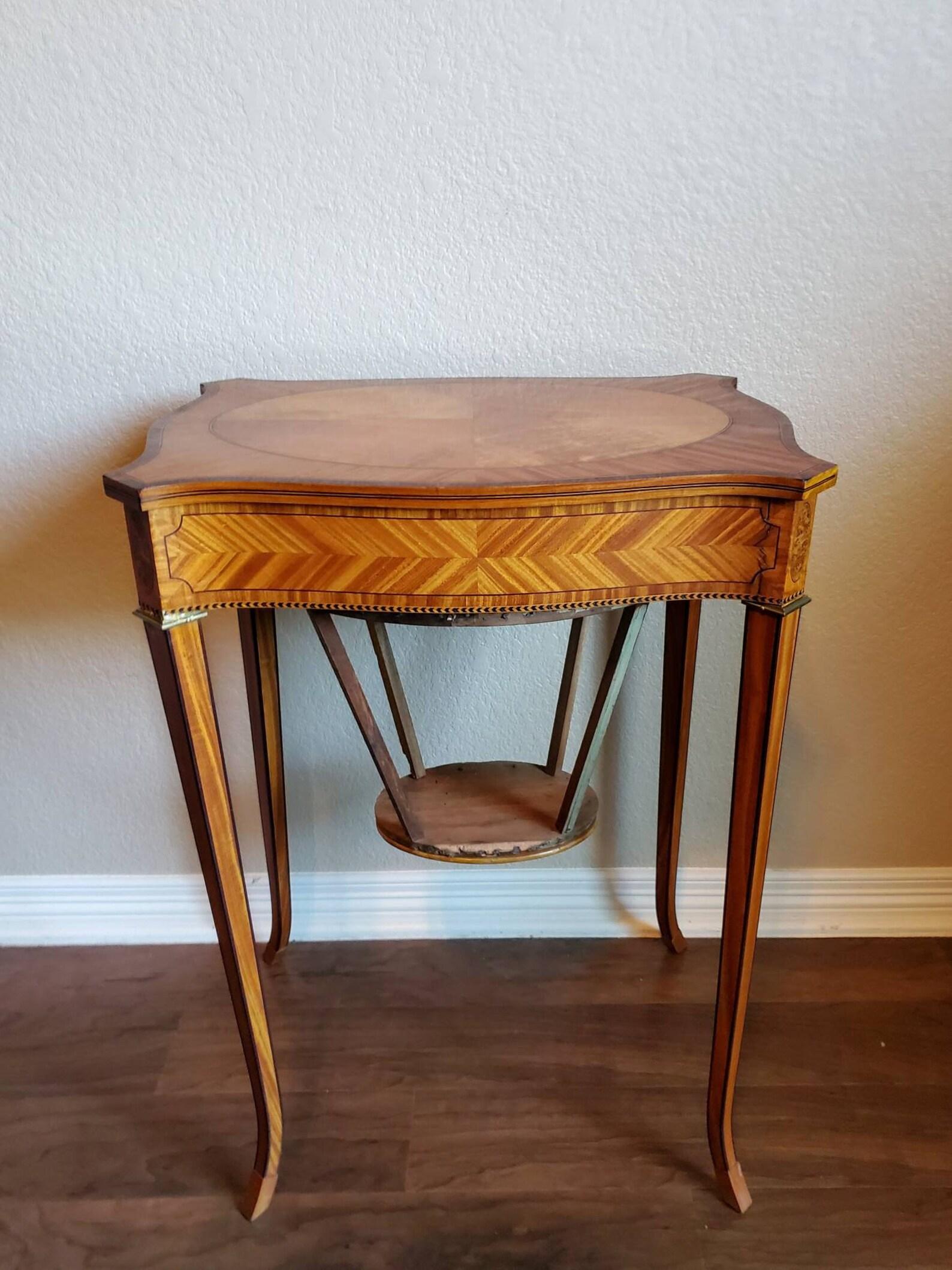 Antique English Edwardian Marquetry Inlaid Sewing Table For Sale 2
