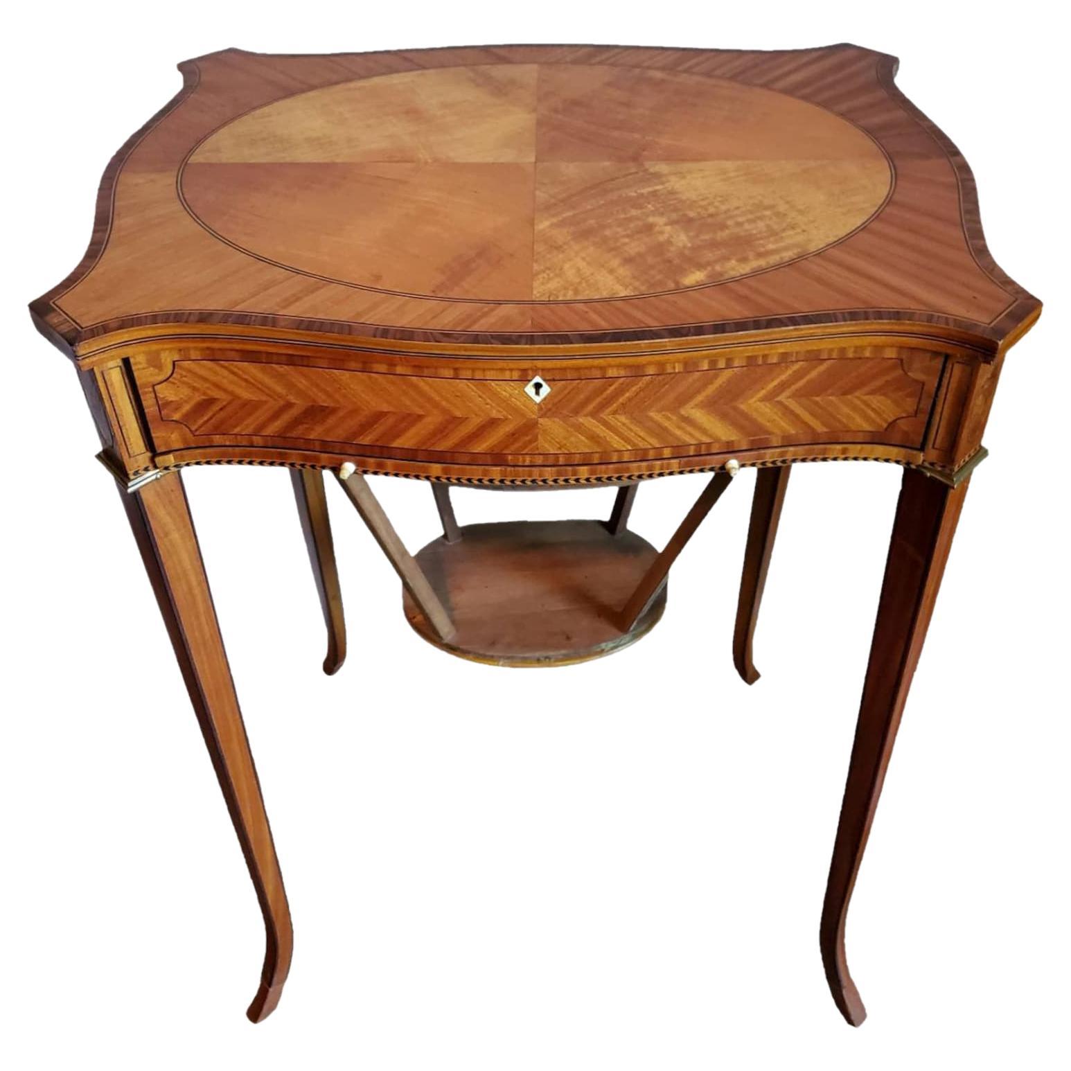 Antique English Edwardian Marquetry Inlaid Sewing Table For Sale