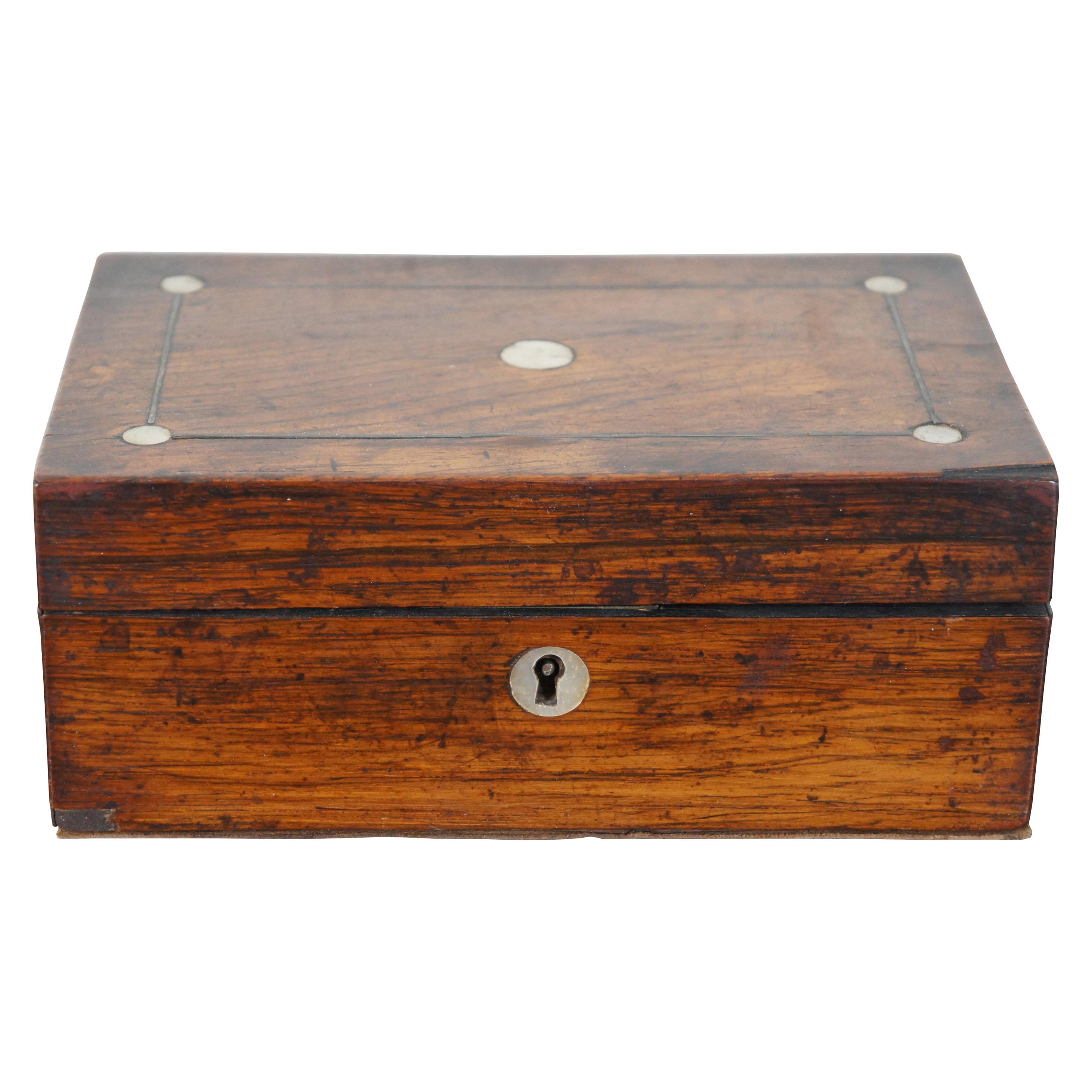 Antique English Edwardian Oak Keepsake Trinket Box Mother of Pearl Inlay