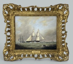 Antique English Edwardian Oil Paintings Harbor Scene Seascape Schooner Boats