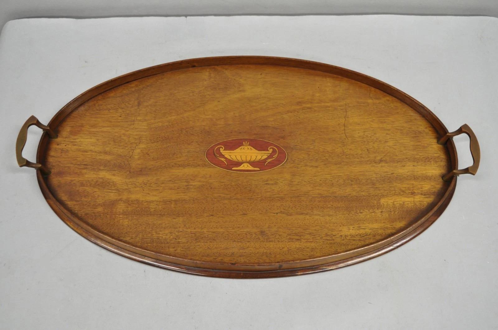 Antike englische Edwardian Oval Mahagoni Butlers Bar servieren Tablett mit Urne Inlay im Angebot 8