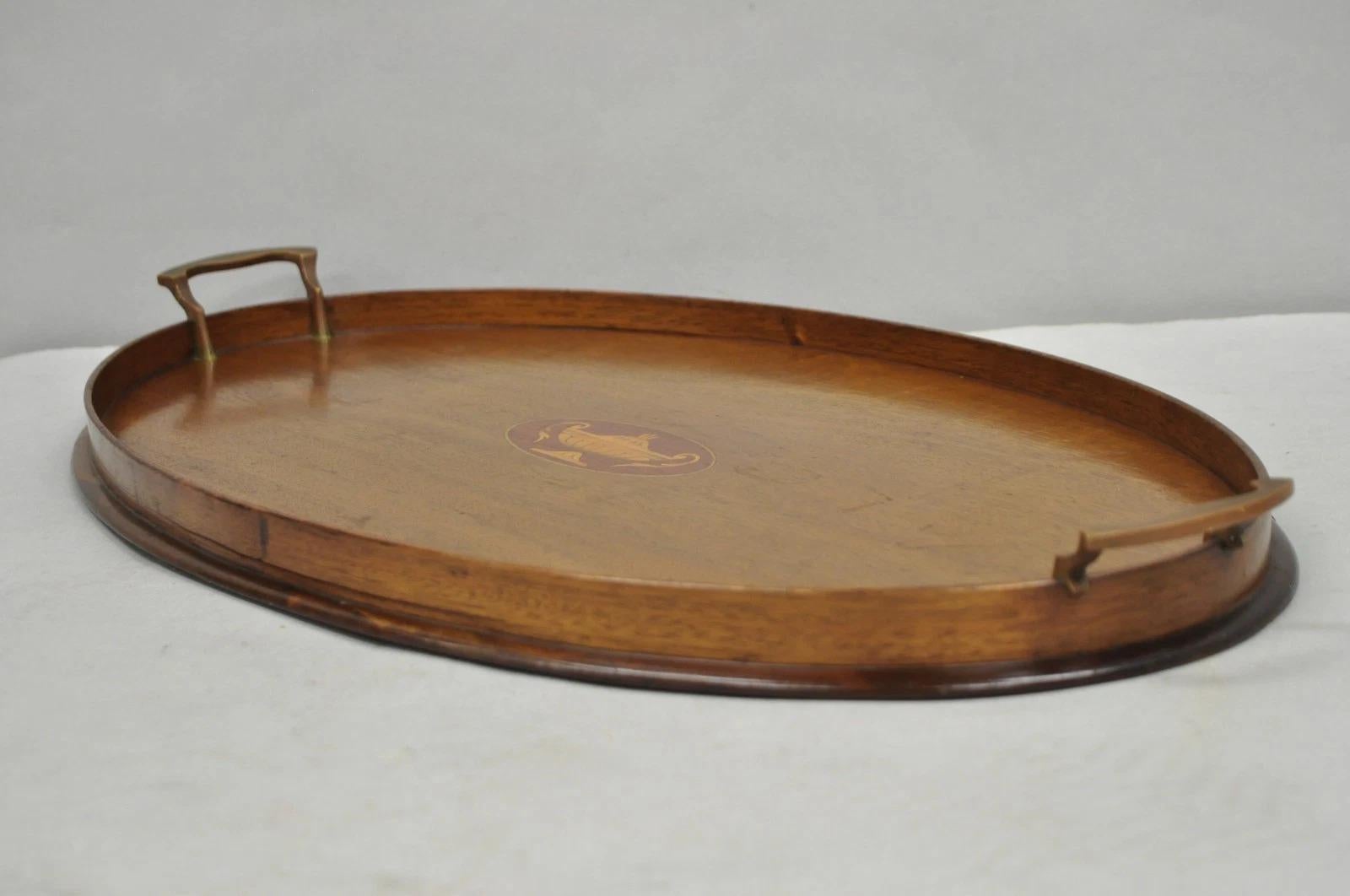 Antike englische Edwardian Oval Mahagoni Butlers Bar servieren Tablett mit Urne Inlay im Angebot 1