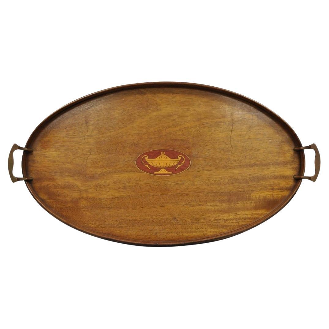 Antike englische Edwardian Oval Mahagoni Butlers Bar servieren Tablett mit Urne Inlay im Angebot