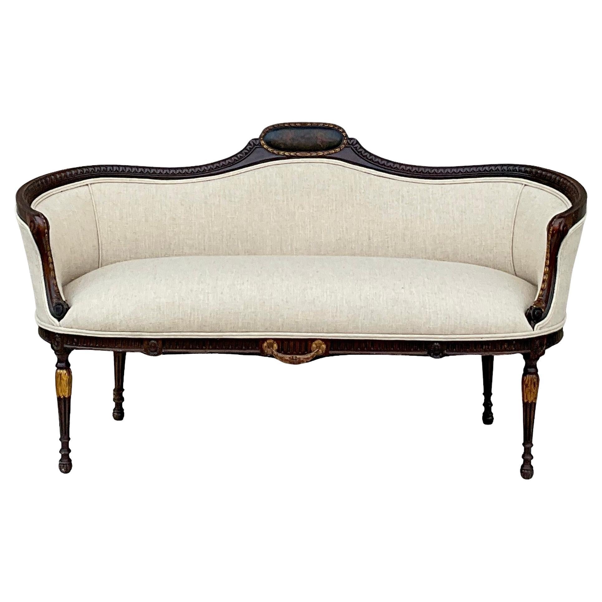 Antique English Edwardian Painted And Carved Mahogany Settee In Oatmeal Linen For Sale