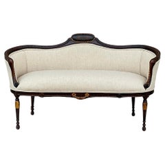Antique English Edwardian Painted And Carved Mahogany Settee In Oatmeal Linen