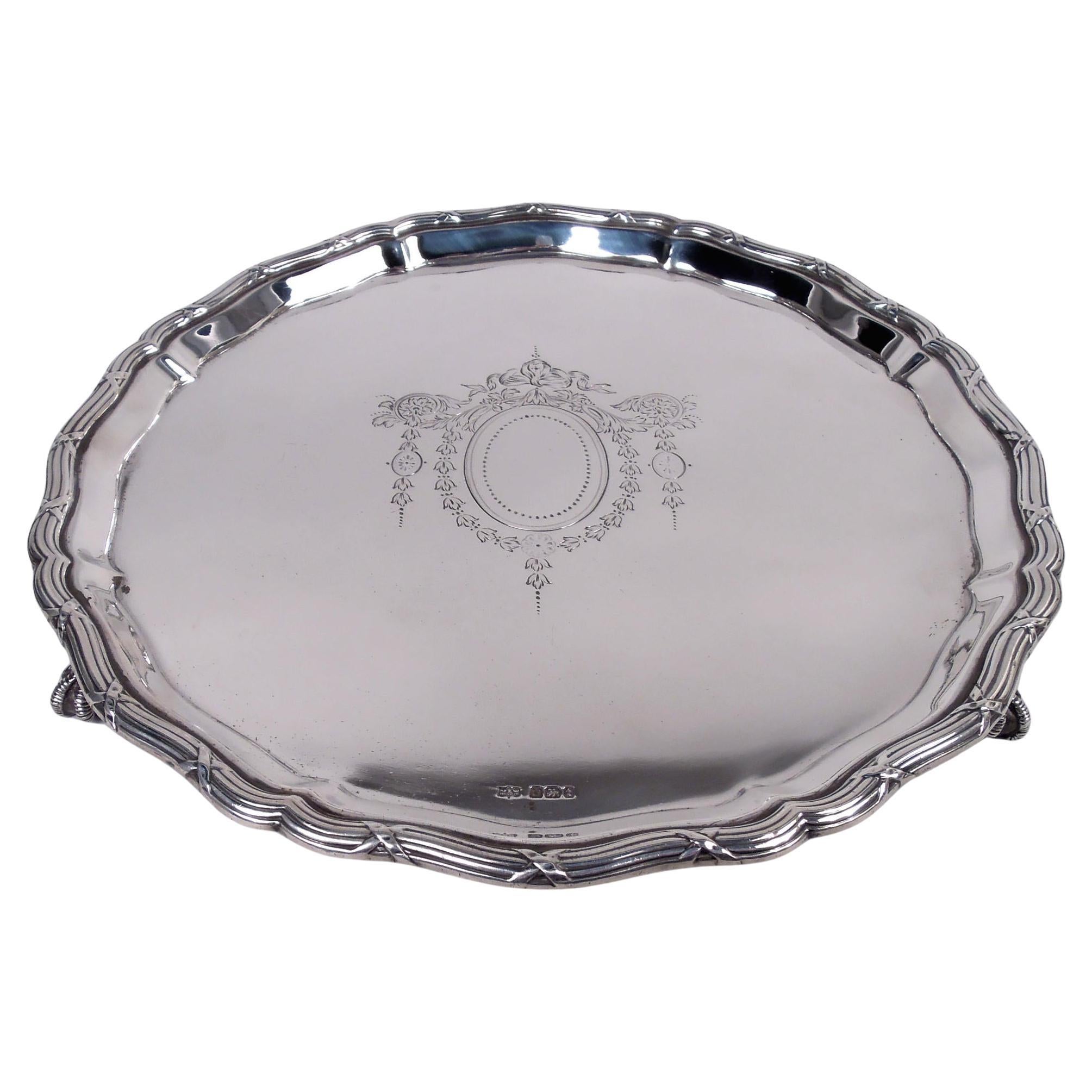 Antique English Edwardian Regency Sterling Silver Salver, 1911