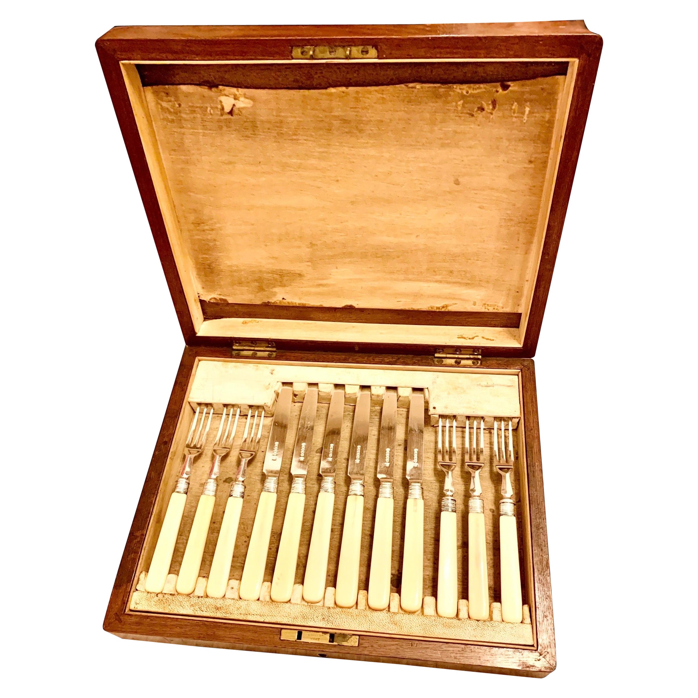 Antique English Edwardian Silver-Plate with Bakelite Handles Fish Set for Six