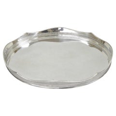 Antique English Edwardian Silver Plated Scalloped Oval Butlers Serving Bar Tray