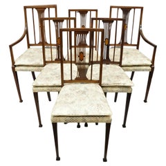 Antique English Edwardian Slender Mahogany Satinwood Inlay Dining Chair-Set of 6