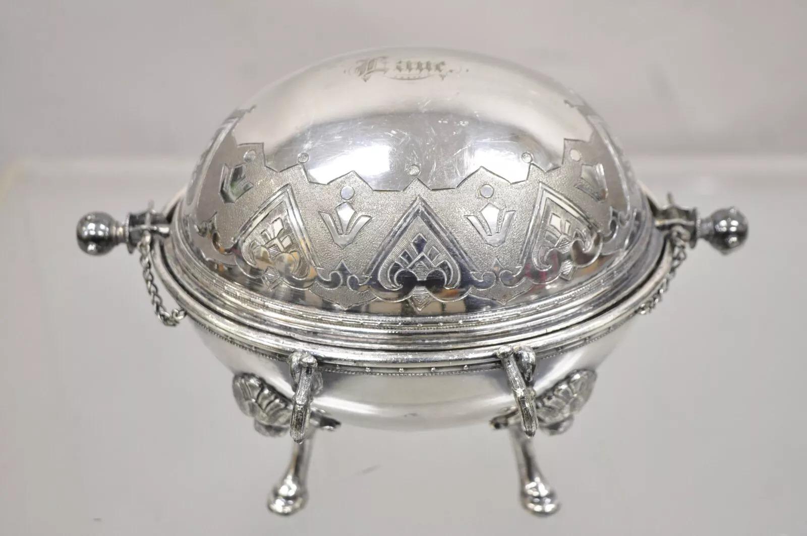 Unknown Antique English Edwardian Small Silver Plated Revolving Lid Butter Dish Server For Sale