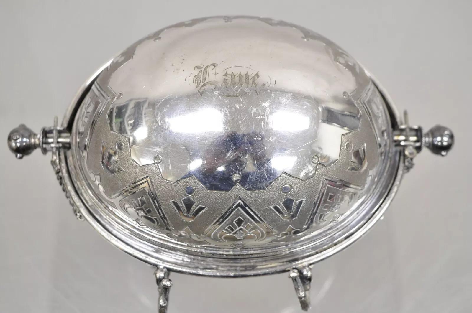 Antique English Edwardian Small Silver Plated Revolving Lid Butter Dish Server For Sale 2