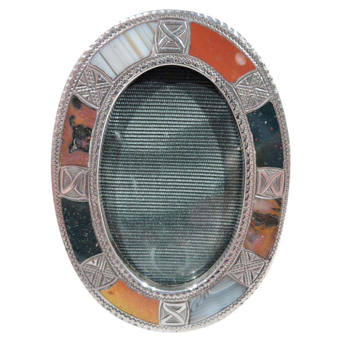 Antique English Edwardian Sterling Silver & Agate Oval Picture Frame