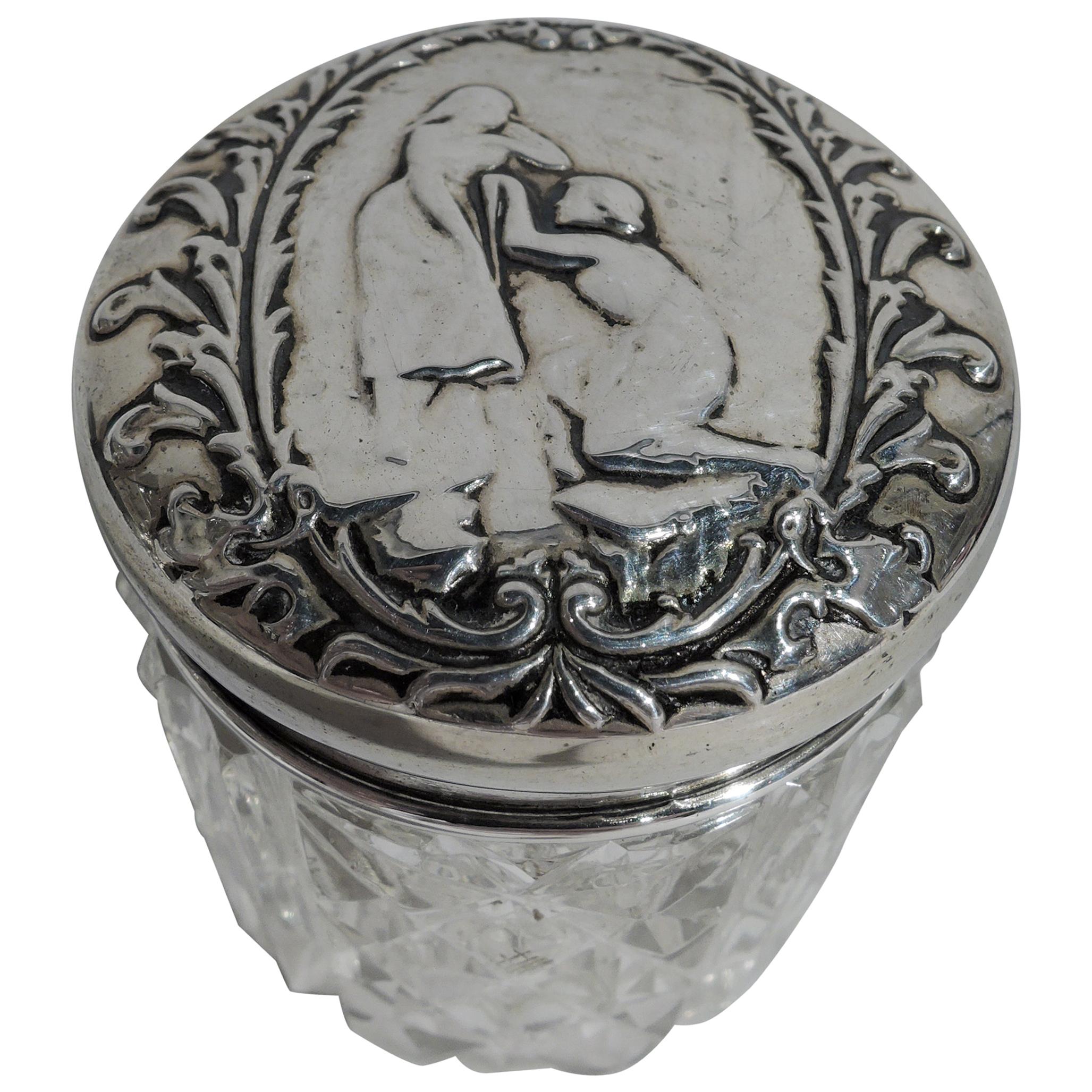 Antique English Edwardian Sterling Silver and Cut-Glass Powder Jar