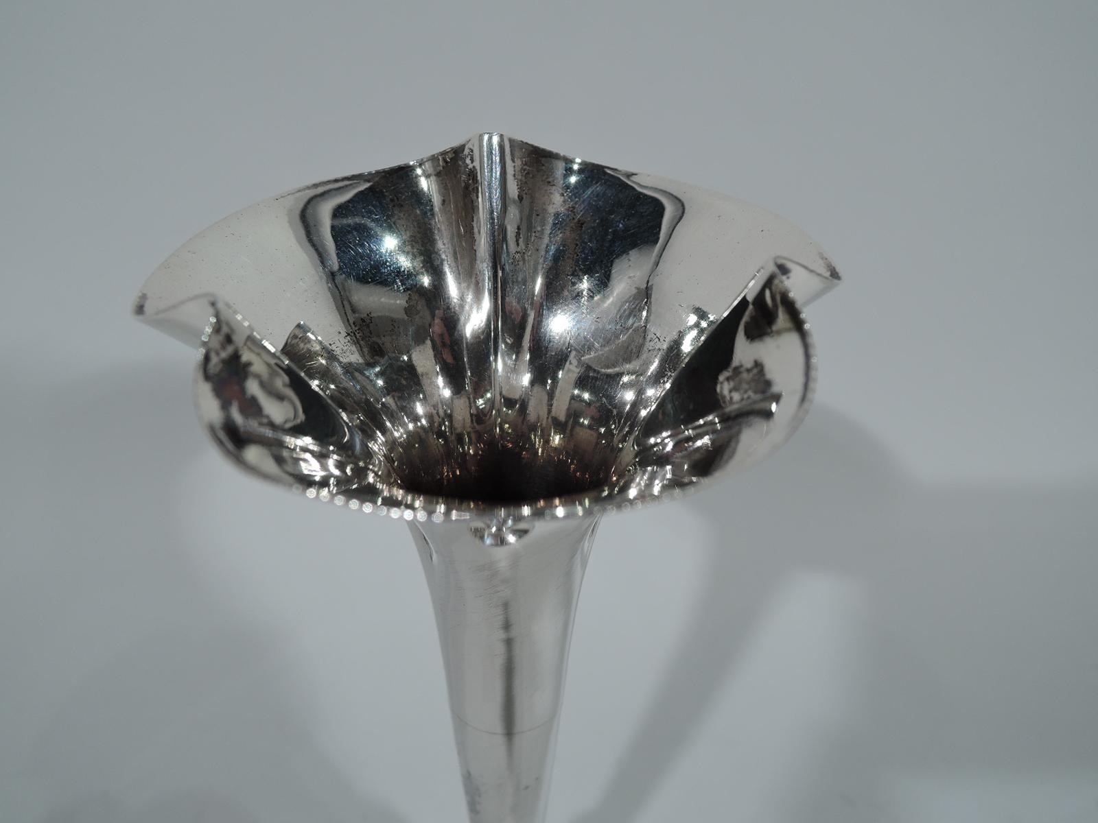 Edwardian sterling silver bud vase. Made by William Adams in Birmingham in 1906. Straight and tapering sides with knop at base, raised foot, and wavy crimped rim with very fine dentil. Hallmarked. Weighted.