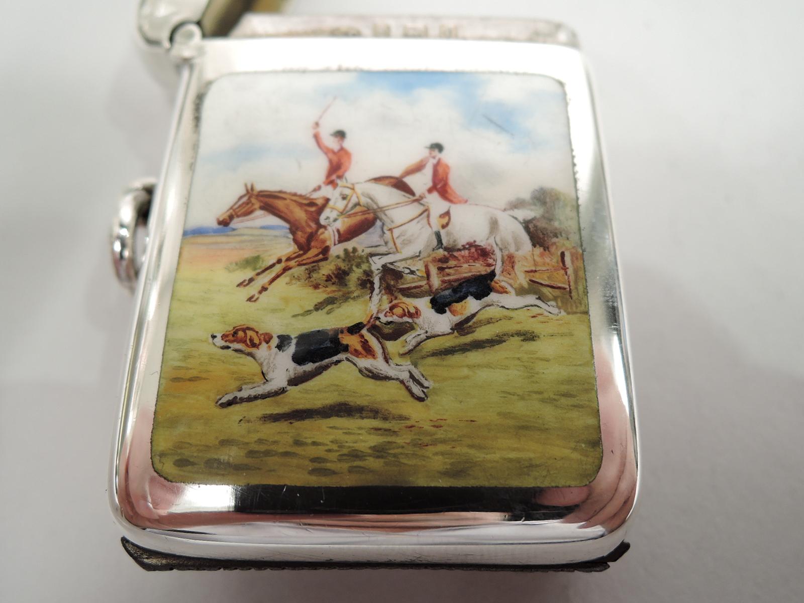 Antique English Edwardian Sterling Silver & Enamel Fox Hunt Match Safe In Good Condition In New York, NY