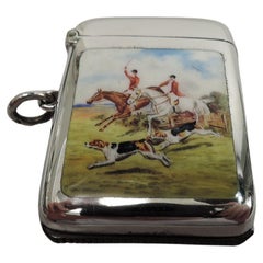 Antique English Edwardian Sterling Silver & Enamel Fox Hunt Match Safe