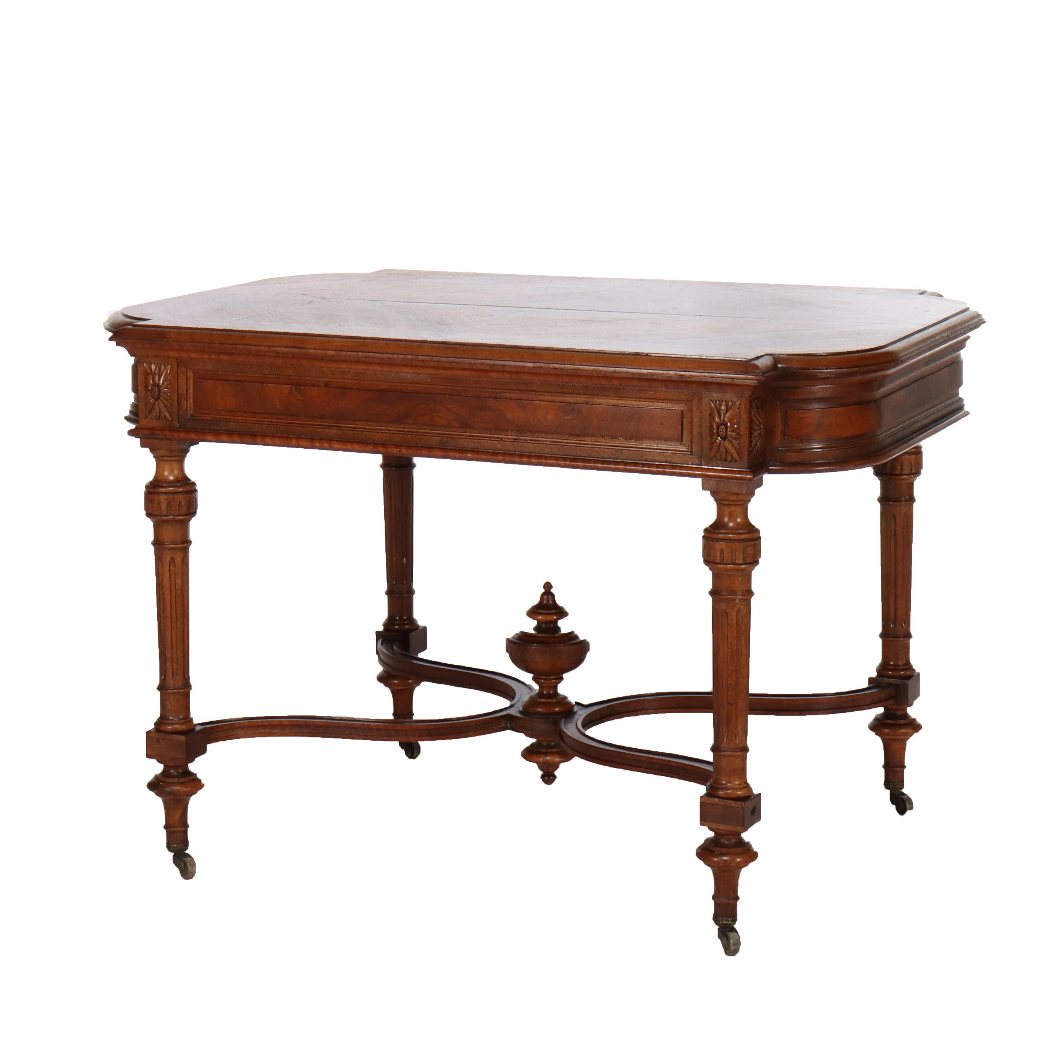 Antique English Edwardian Style Carved Walnut & Burl Library Table C1910 In Good Condition For Sale In Big Flats, NY