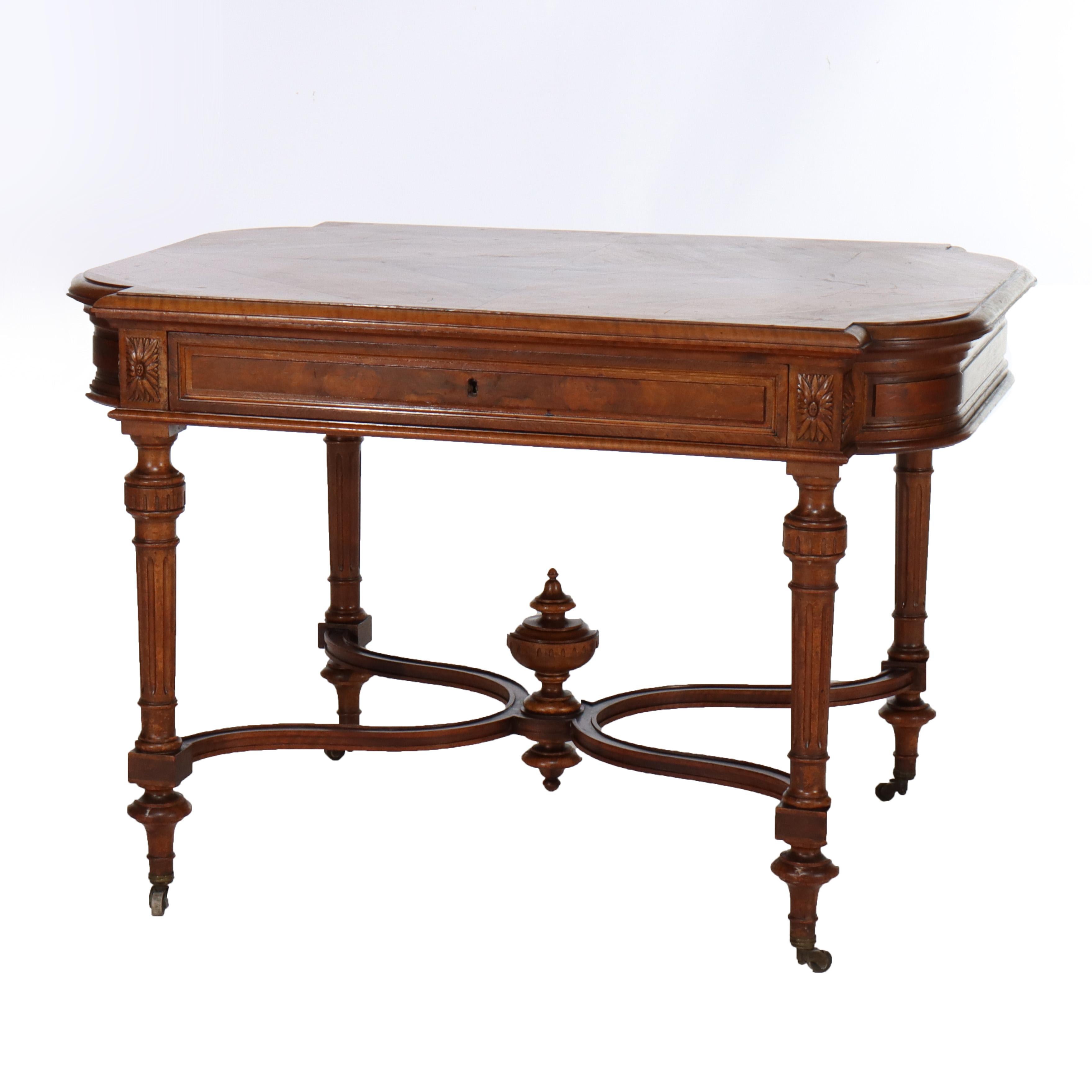 20th Century Antique English Edwardian Style Carved Walnut & Burl Library Table C1910 For Sale