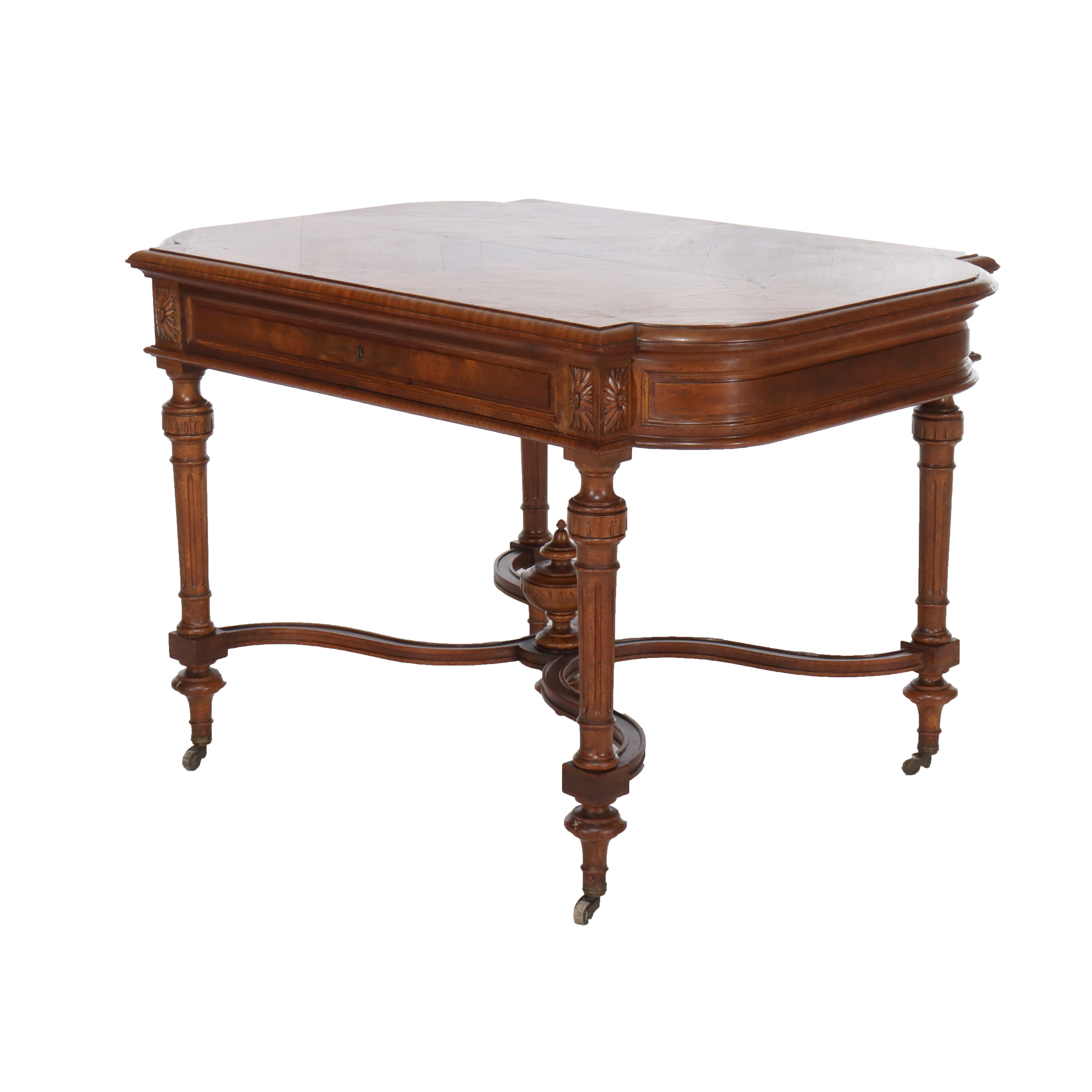 Antique English Edwardian Style Carved Walnut & Burl Library Table C1910 For Sale 2