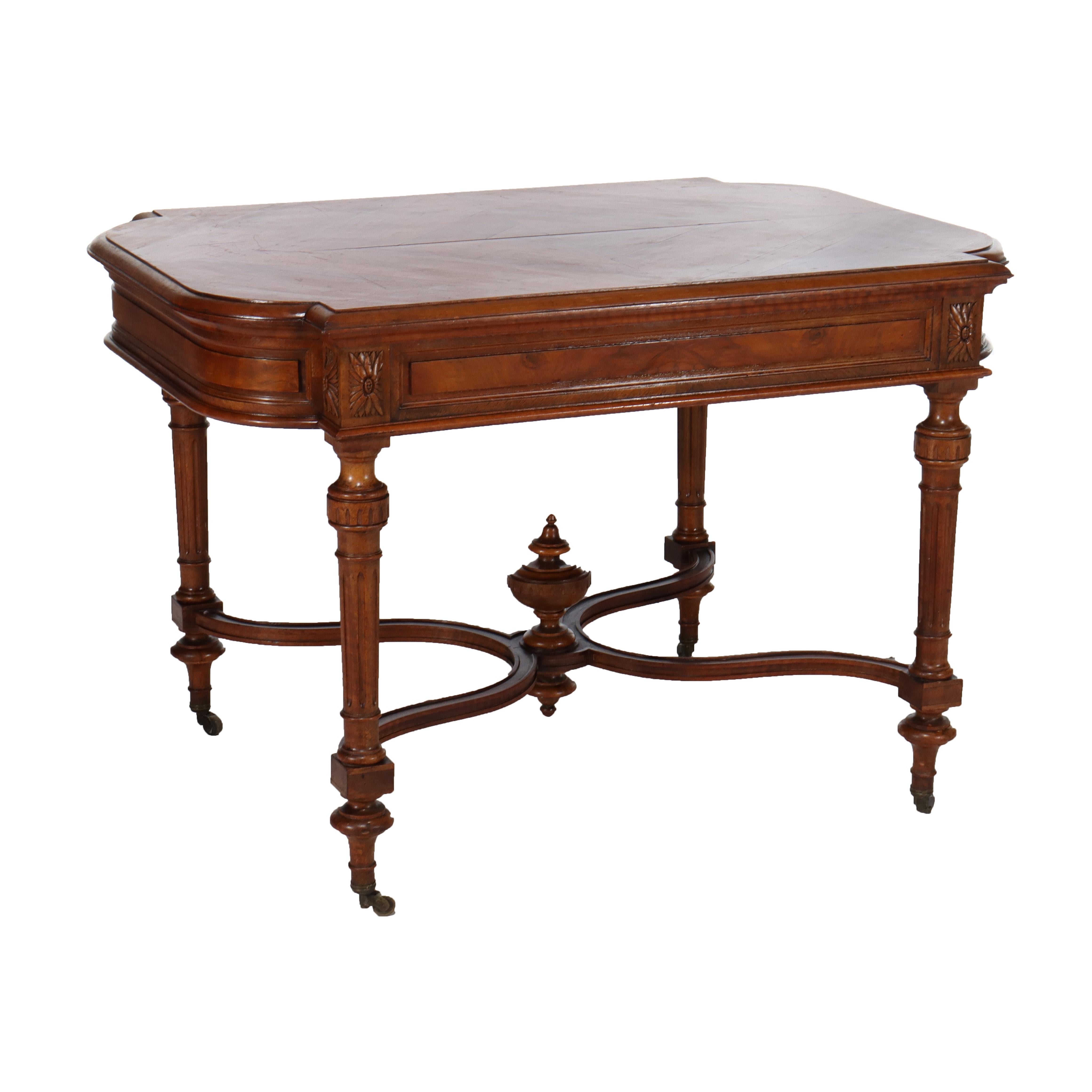Antique English Edwardian Style Carved Walnut & Burl Library Table C1910 For Sale 5