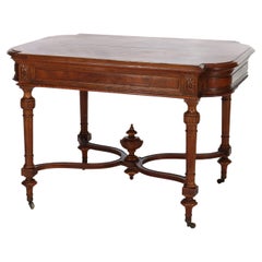 Antique English Edwardian Style Carved Walnut & Burl Library Table C1910