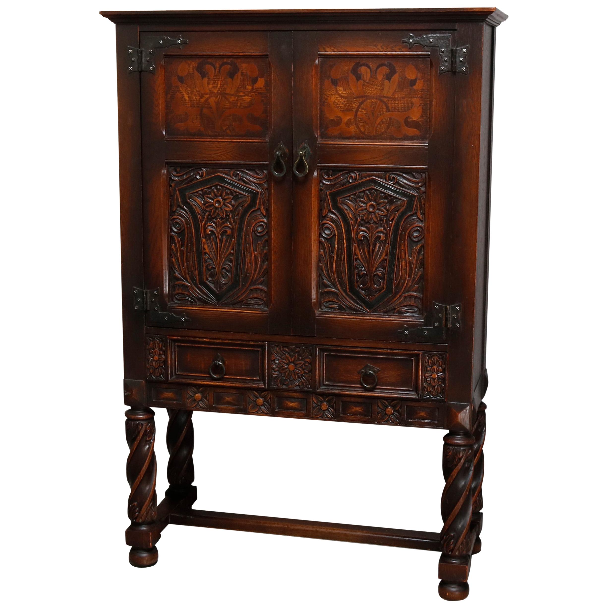 Antique English Edwardian Style Inlaid and Carved Oak China Cabinet, circa 1920
