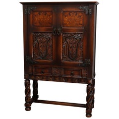 Antique English Edwardian Style Inlaid and Carved Oak China Cabinet, circa 1920