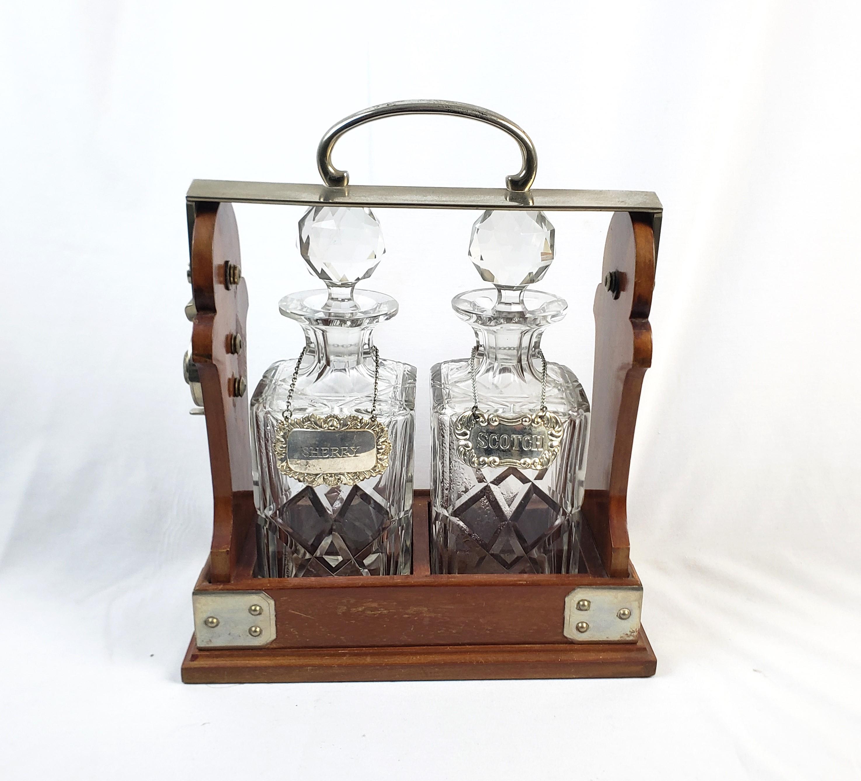 Machine-Made Antique English Edwardian Two Bottle Walnut & Silver Plated Tantalus For Sale