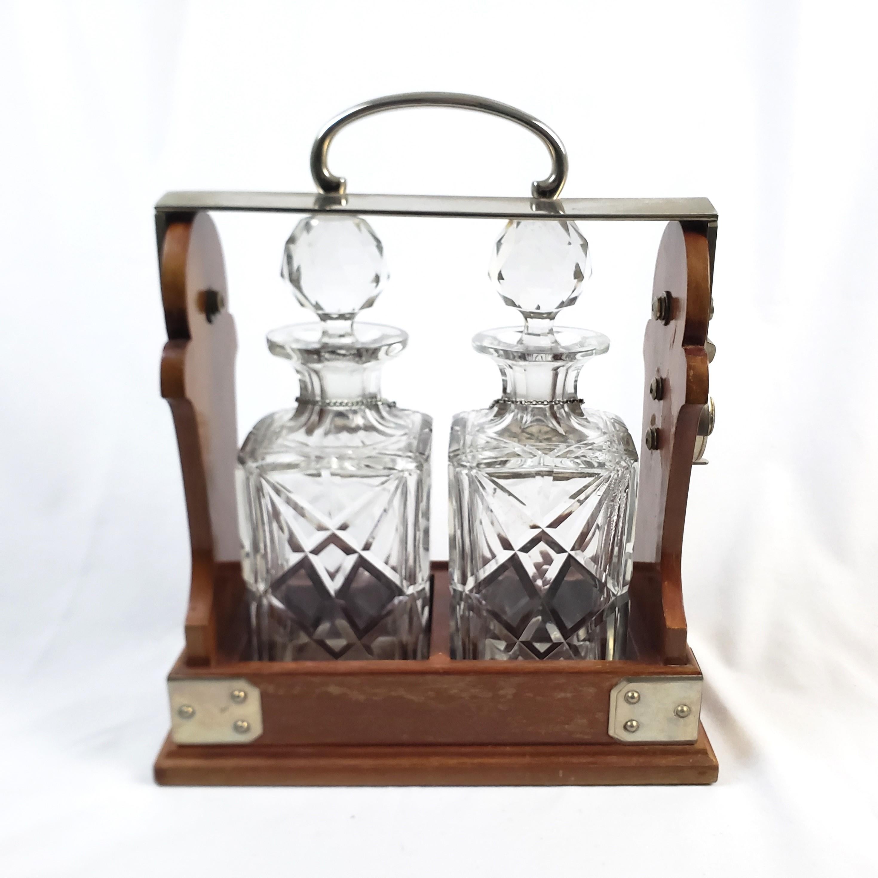Antique English Edwardian Two Bottle Walnut & Silver Plated Tantalus For Sale 1