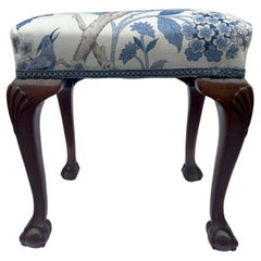 Antique English Edwardian Upholstered Hand Carved Mahogany Stool, 19th Century