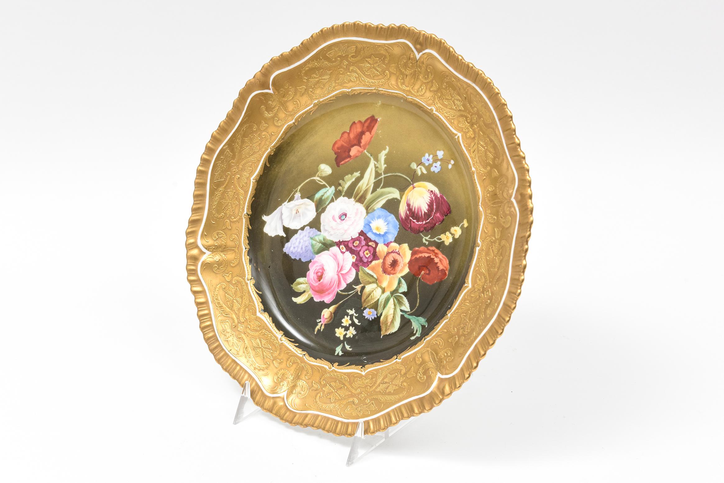 British Antique English Elaborate Hand Painted Cabinet or Wall Plate, Heavily Gilded For Sale