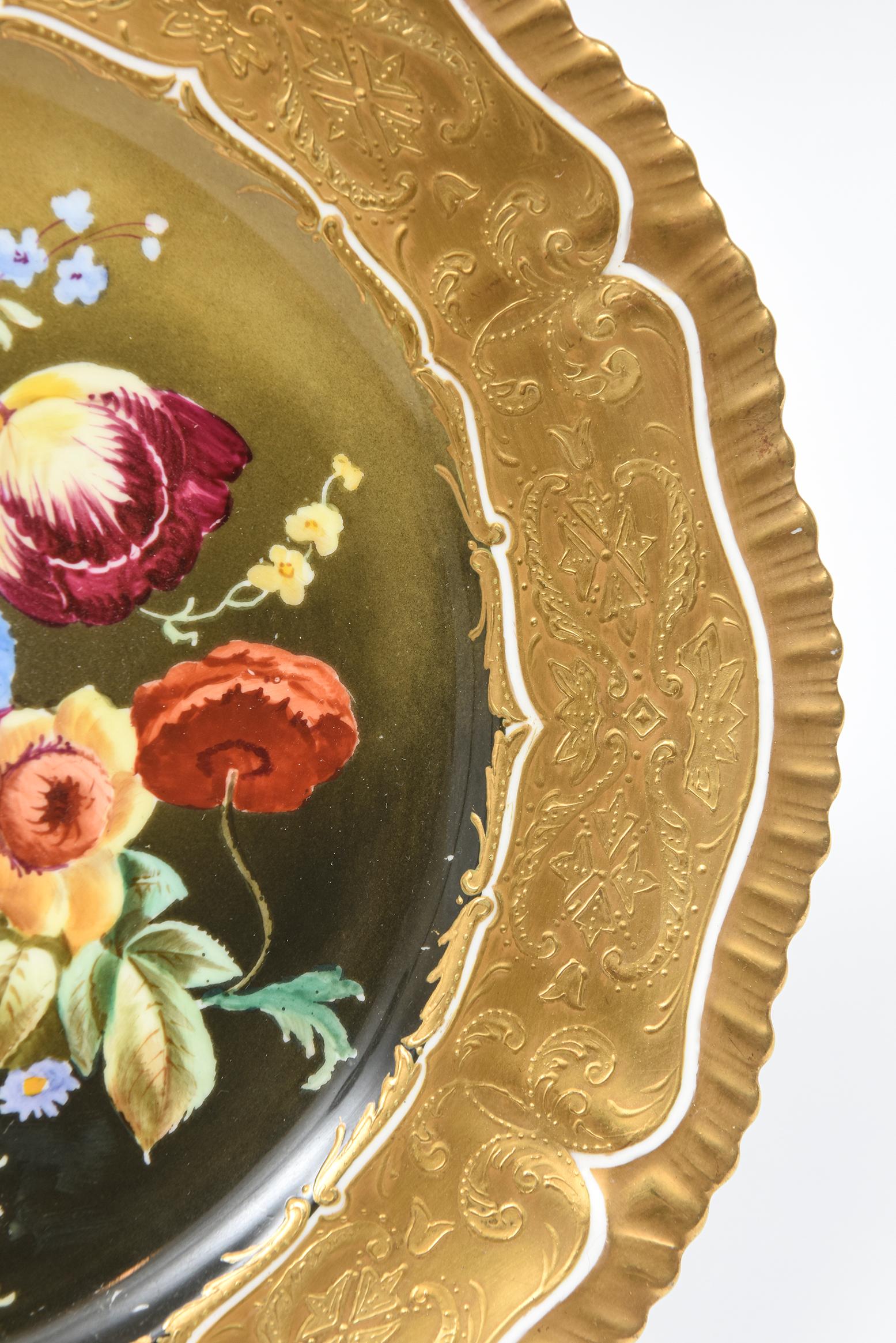 Hand-Crafted Antique English Elaborate Hand Painted Cabinet or Wall Plate, Heavily Gilded For Sale