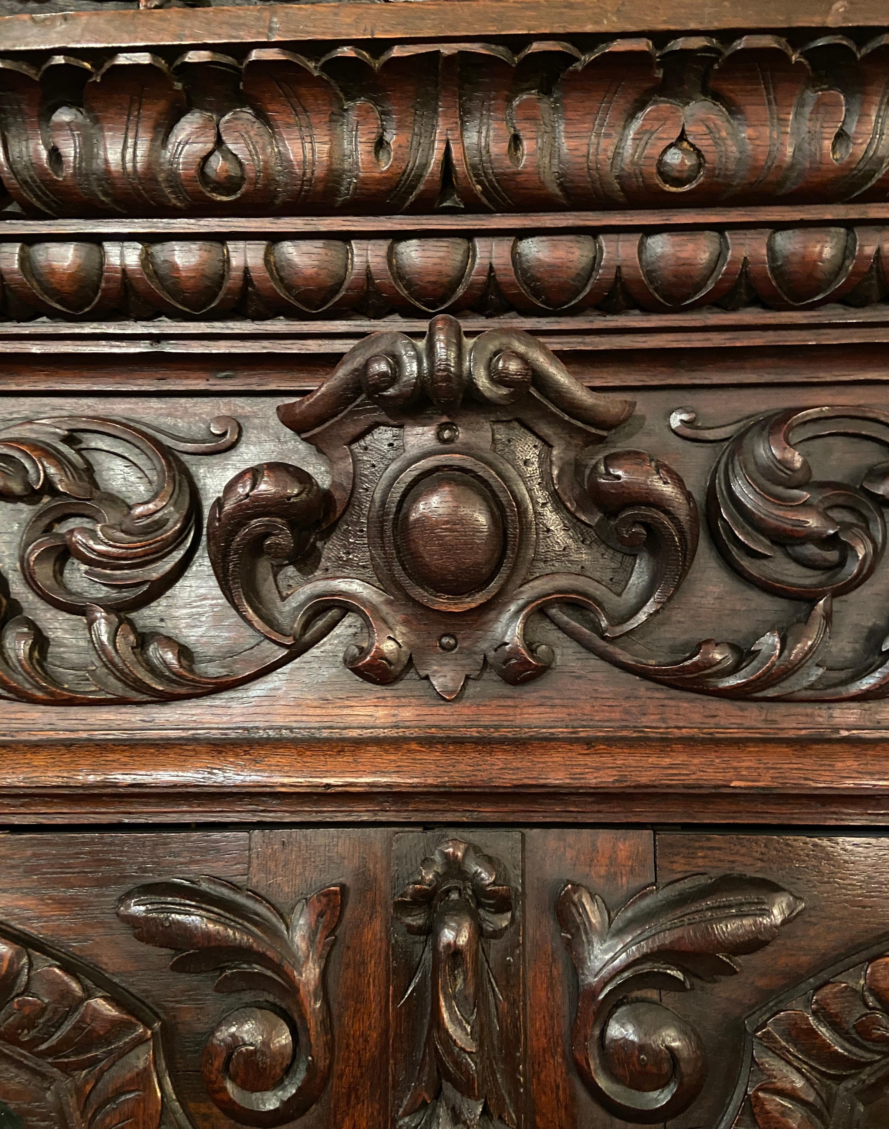Antique English Elizabethan Carved Oak Cabinet with Lead Glass Doors, Circa 1860 For Sale 2