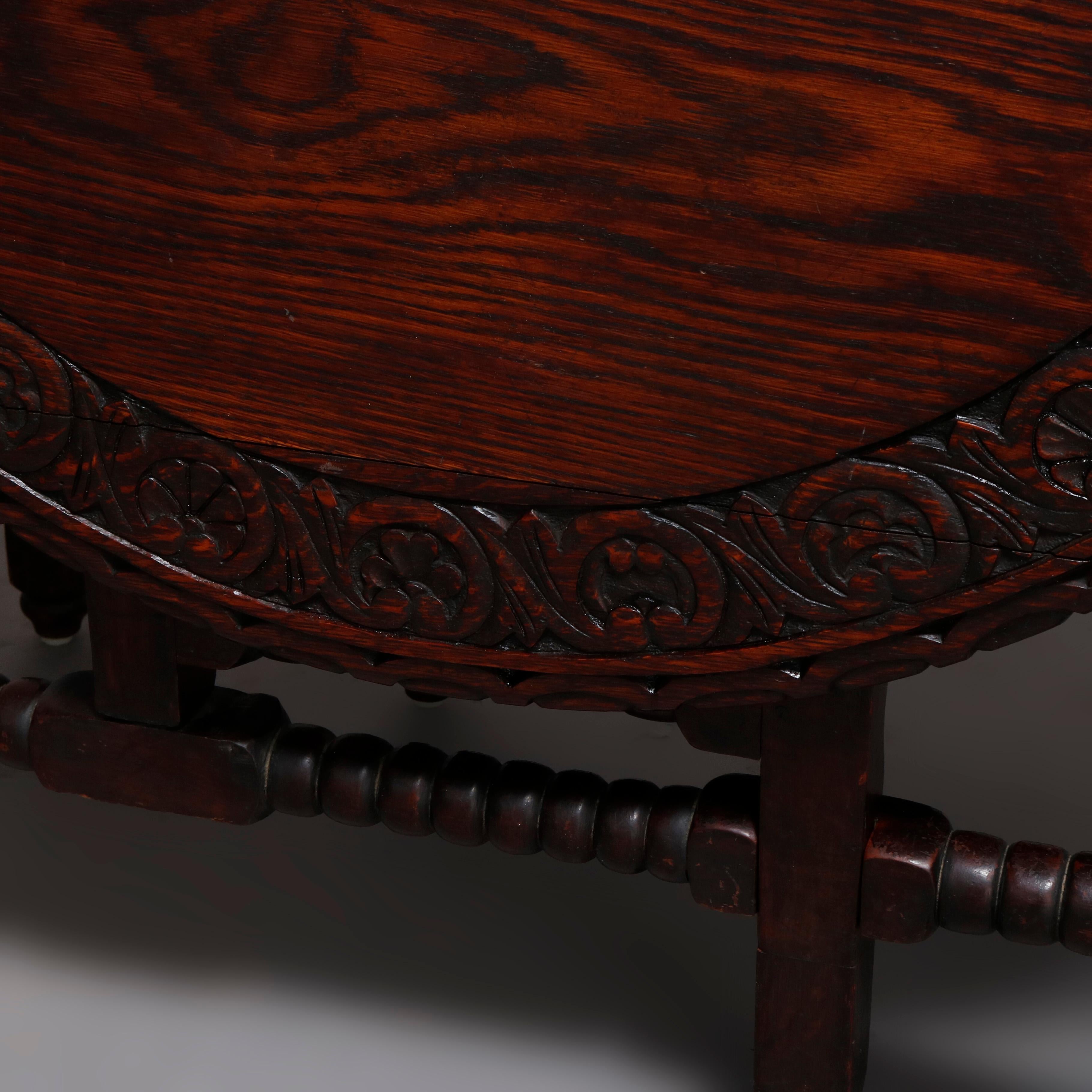 Antique English Elizabethan Carved Oak Drop Leaf Dining Table, circa 1860 2