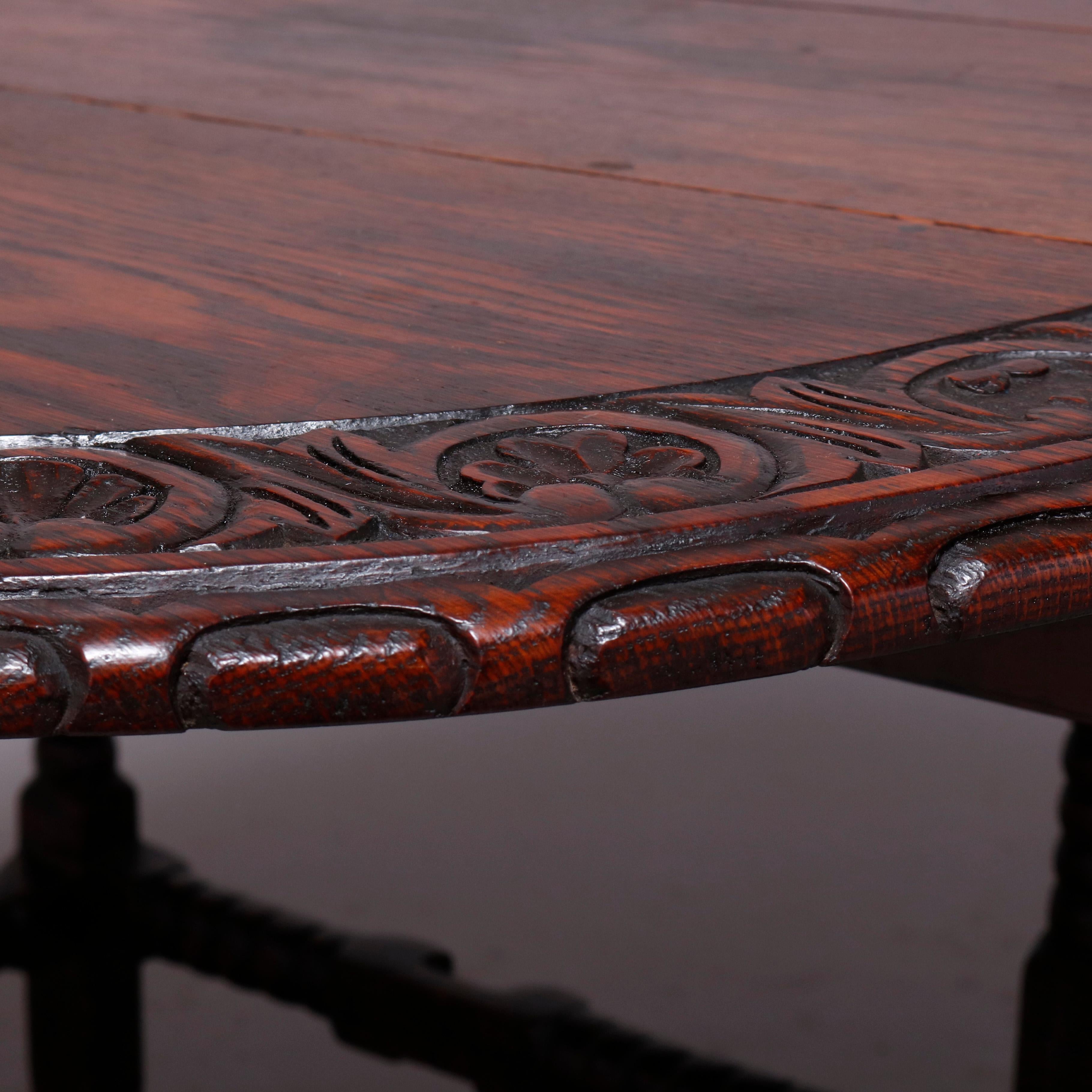 Antique English Elizabethan Carved Oak Drop Leaf Dining Table, circa 1860 3