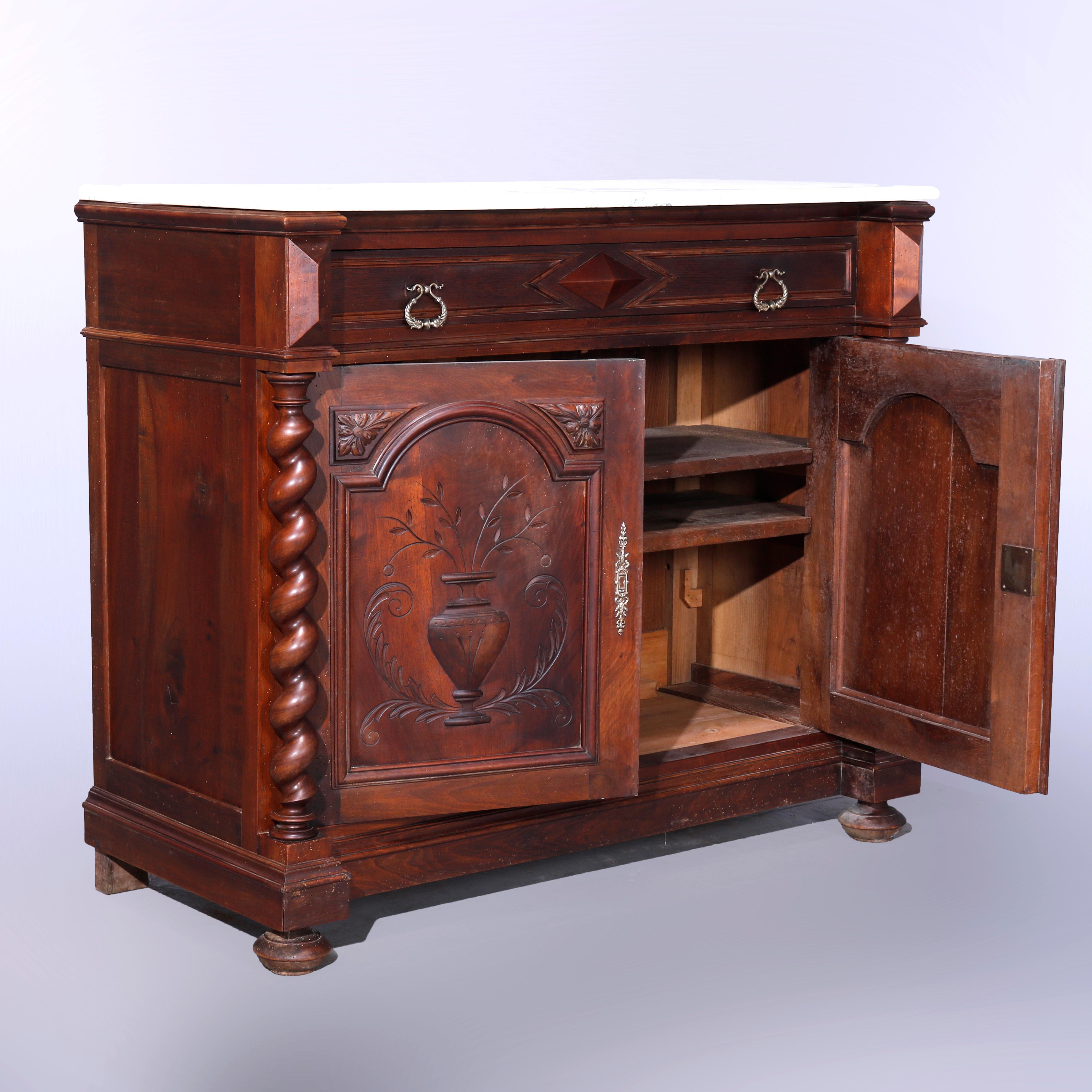 Antique English Elizabethan Carved Walnut Marble Top Sideboard, Circa 1900 In Good Condition In Big Flats, NY