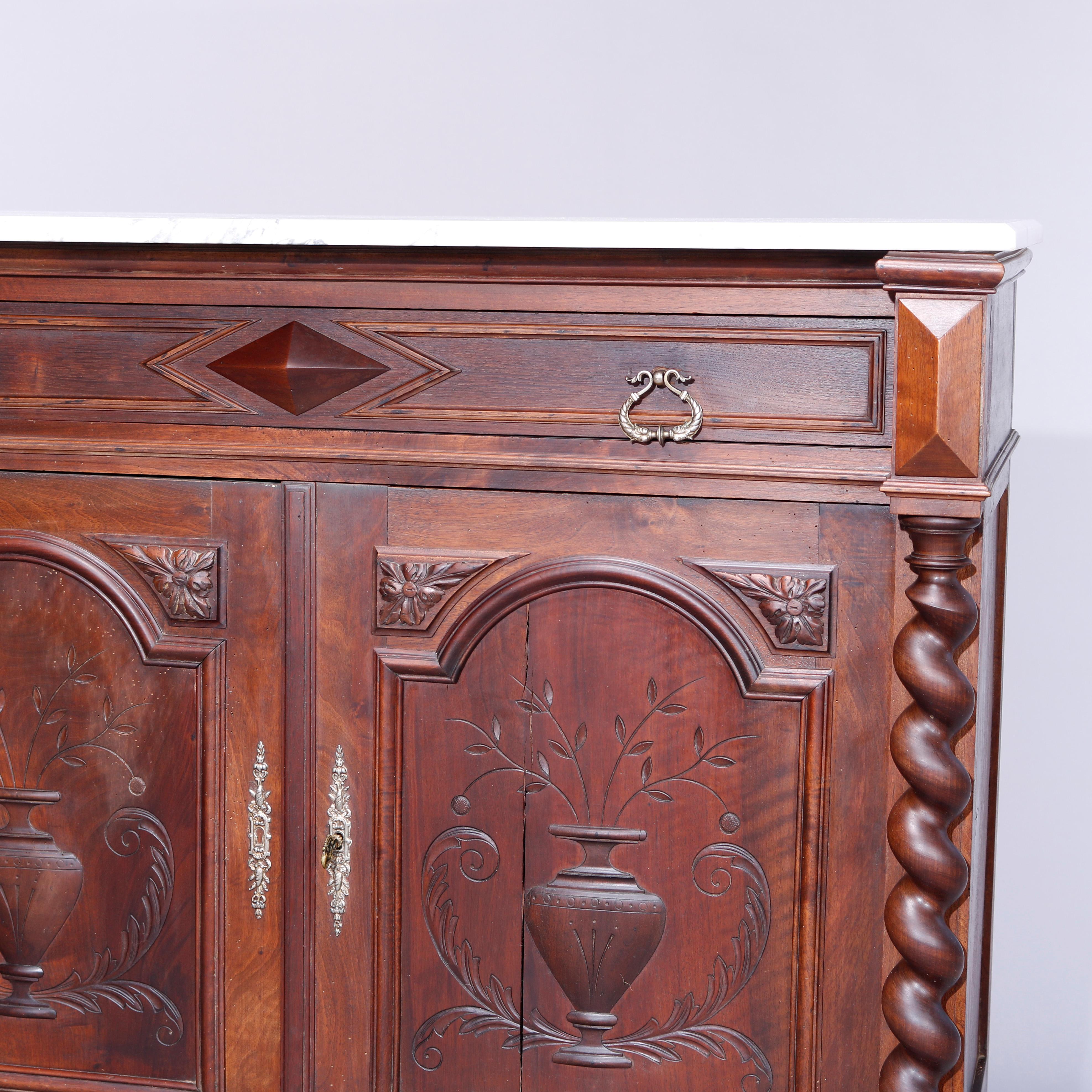 Antique English Elizabethan Carved Walnut Marble Top Sideboard, Circa 1900 1