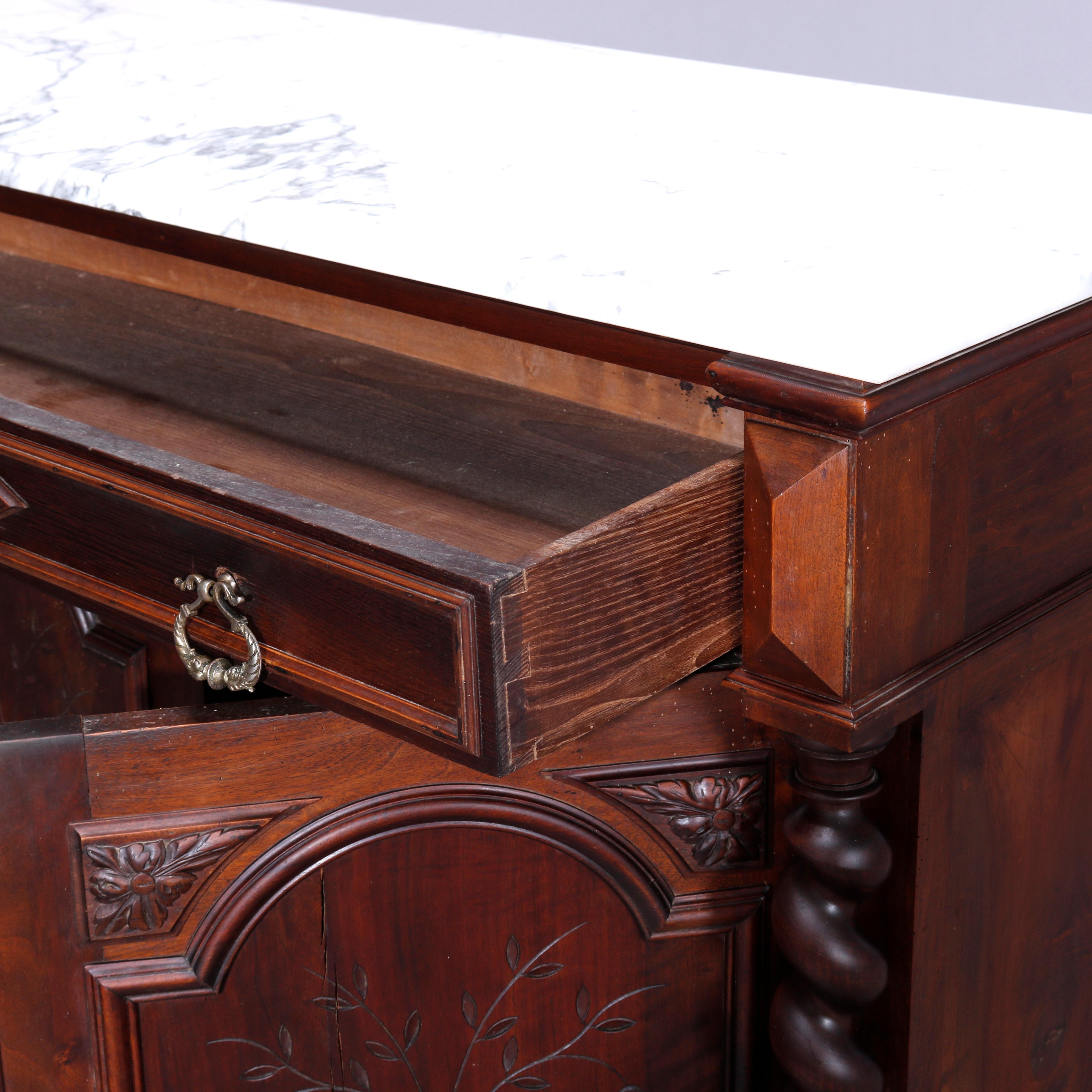 Antique English Elizabethan Carved Walnut Marble Top Sideboard, Circa 1900 5