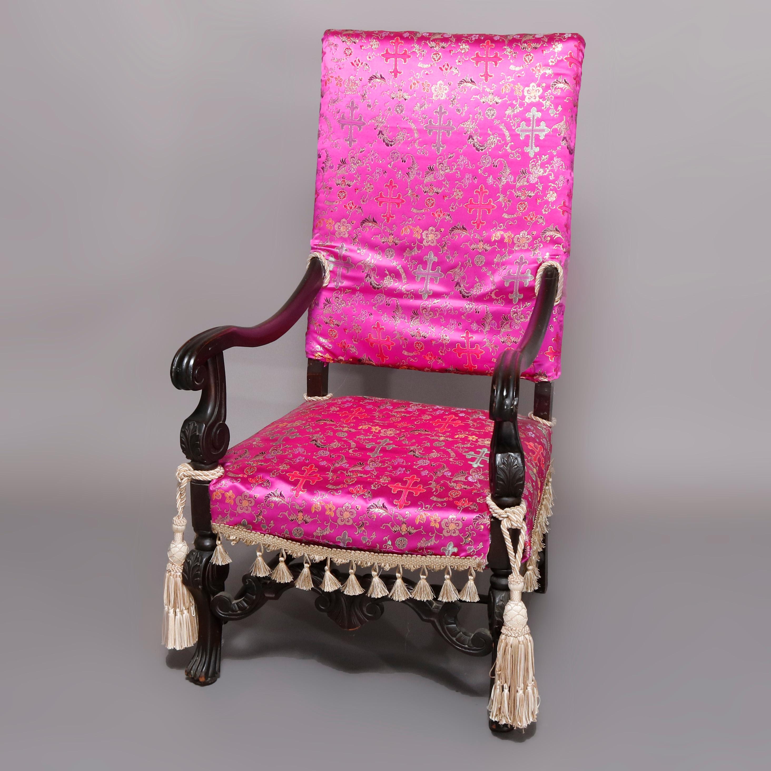 An antique English Elizabethan style throne chair offers mahogany construction with high back, carved scroll arms with acanthus, raised on carved cabriole legs with carved acanthus knees and scroll corbels, upholstered in embroidered pink fabric,