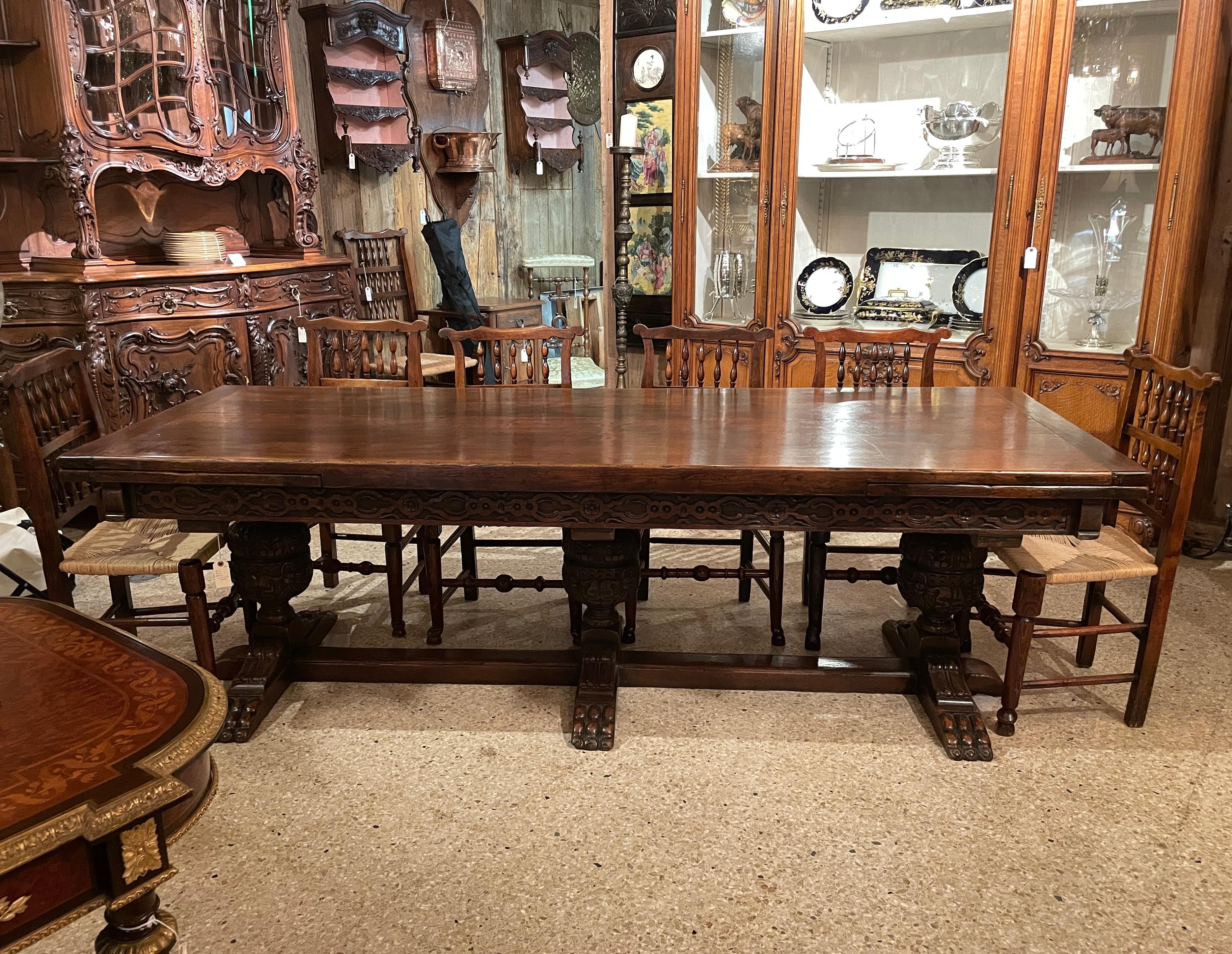 Antique English Elizabethan Style Extension Trestle Table 2