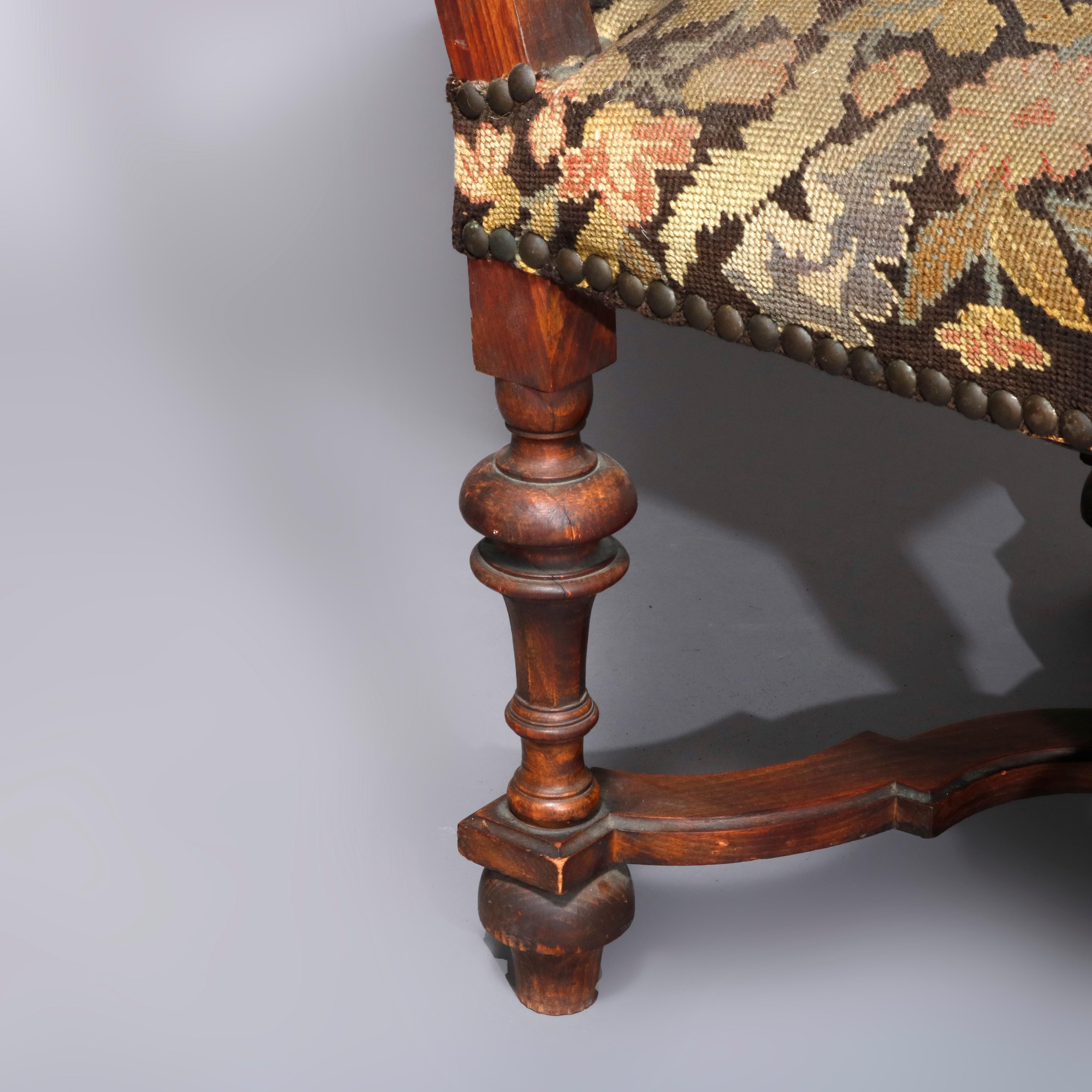 Antique English Elizabethan Style Walnut and Tapestry Tall Throne Chair 4