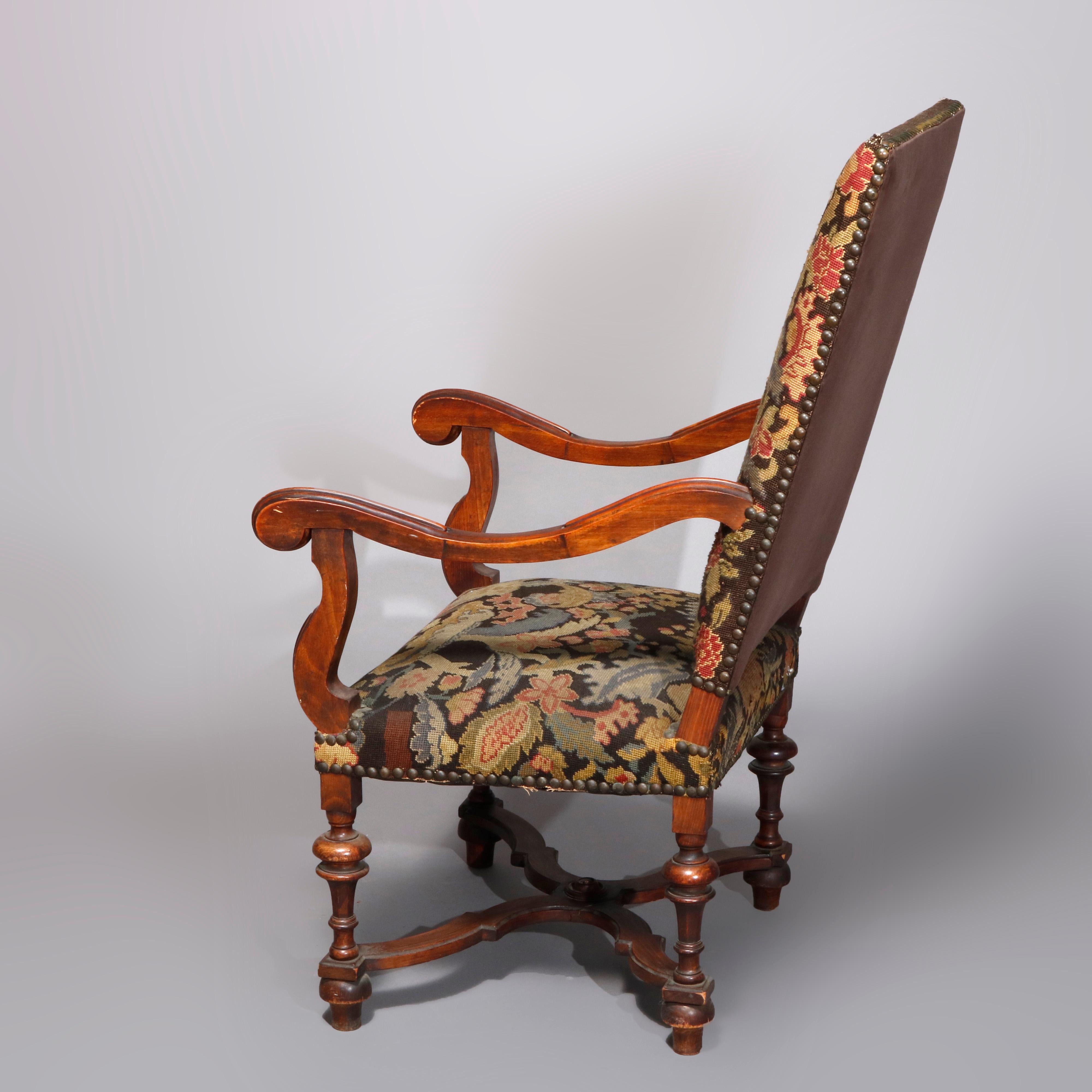 Carved Antique English Elizabethan Style Walnut and Tapestry Tall Throne Chair