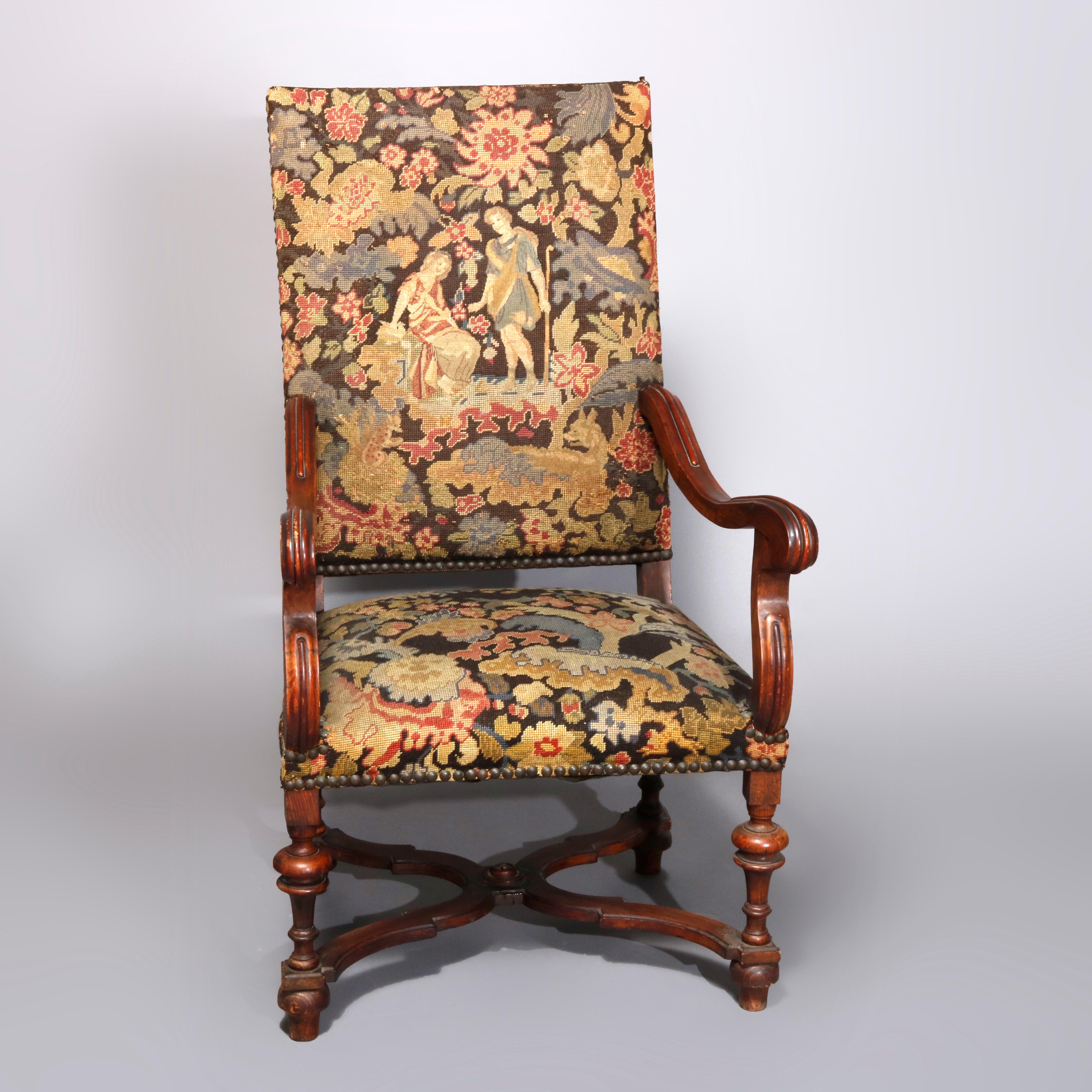 Antique English Elizabethan Style Walnut and Tapestry Tall Throne Chair In Good Condition In Big Flats, NY