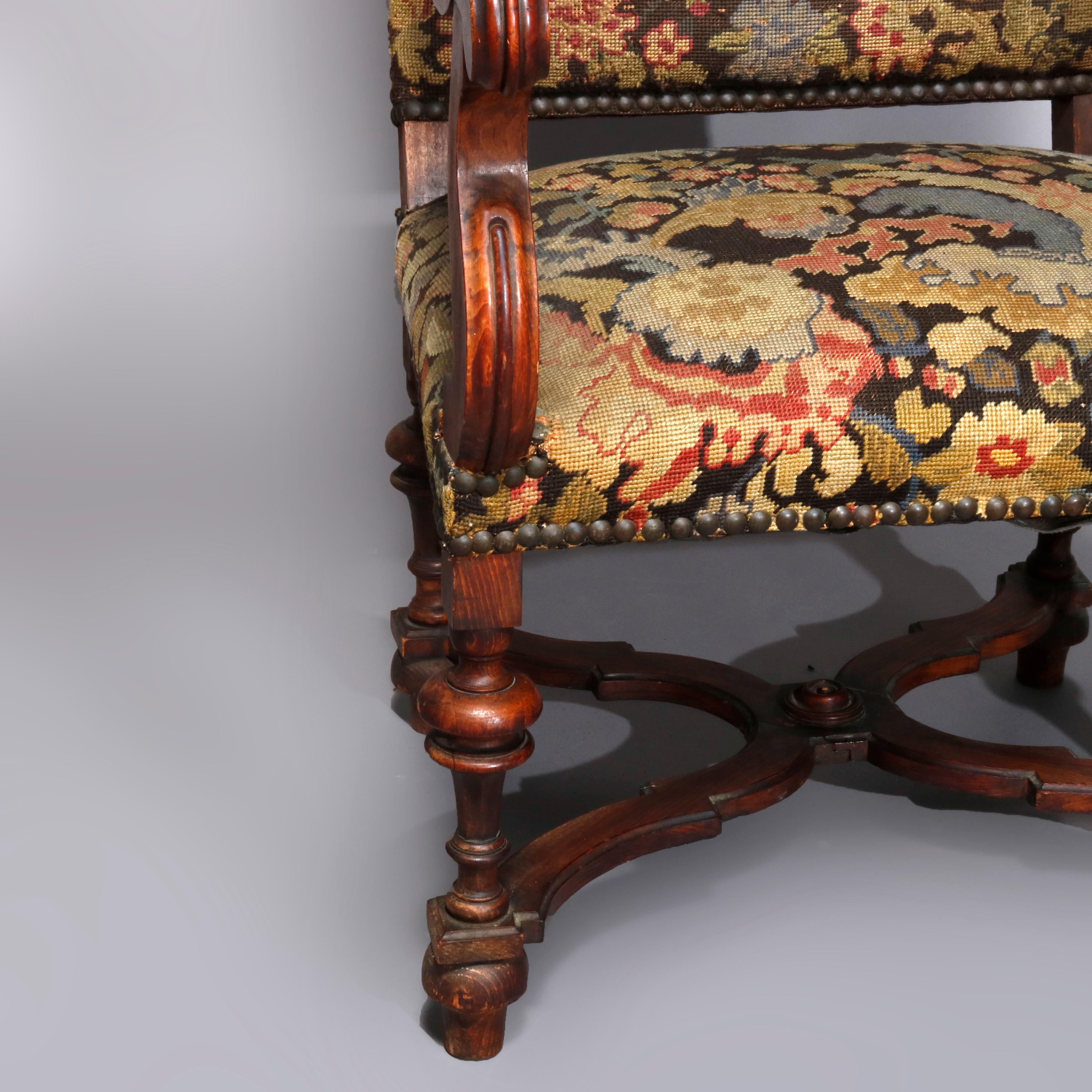 19th Century Antique English Elizabethan Style Walnut and Tapestry Tall Throne Chair