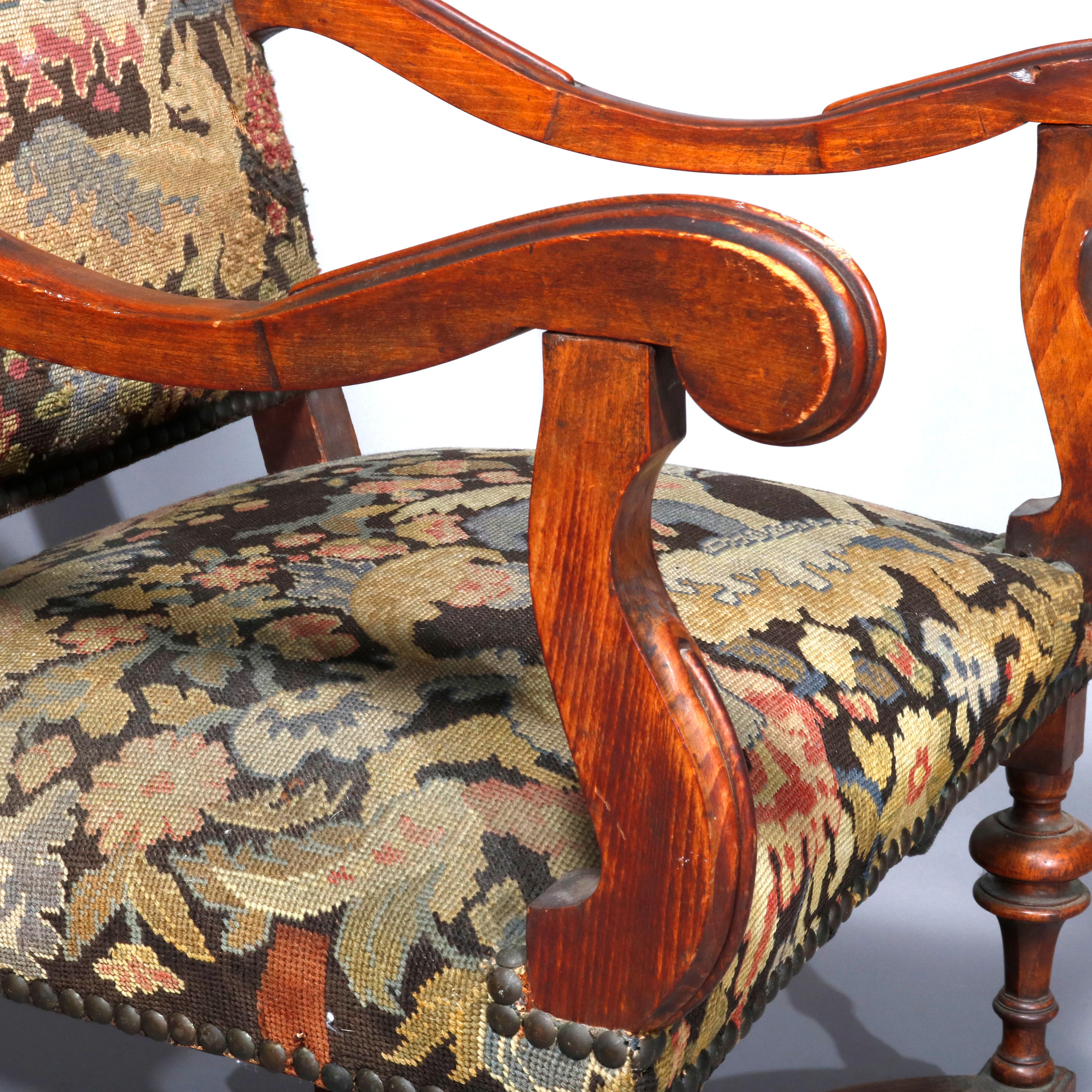 Antique English Elizabethan Style Walnut and Tapestry Tall Throne Chair 1