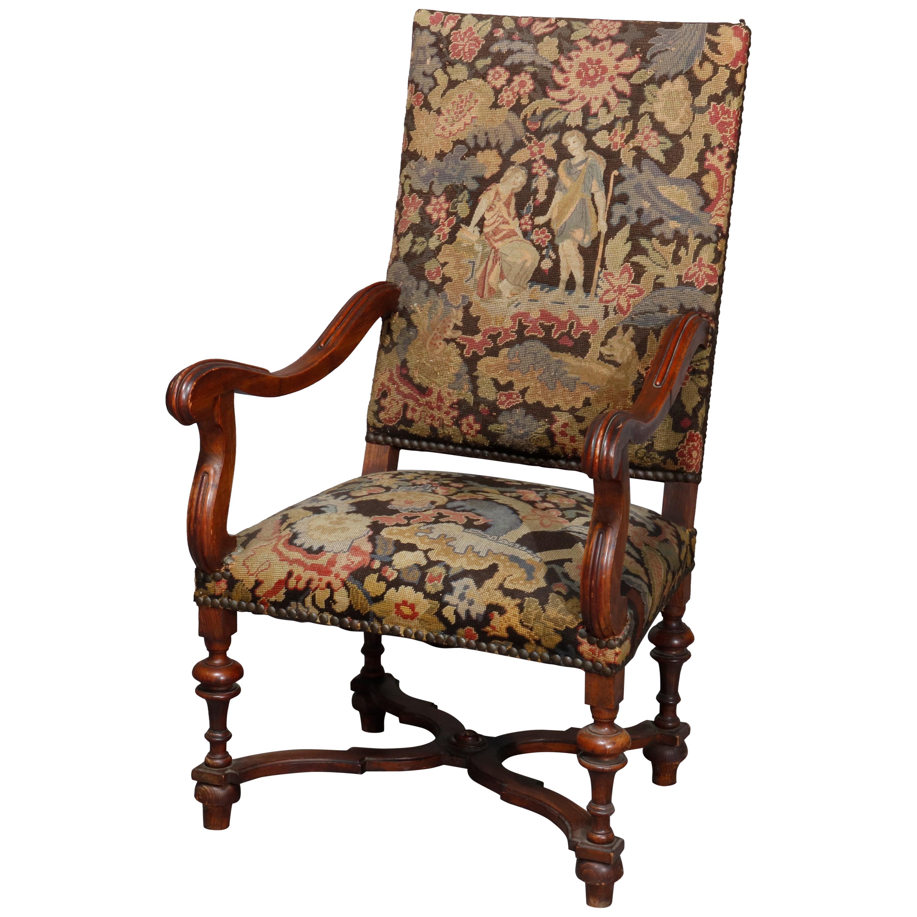 Antique English Elizabethan Style Walnut and Tapestry Tall Throne Chair
