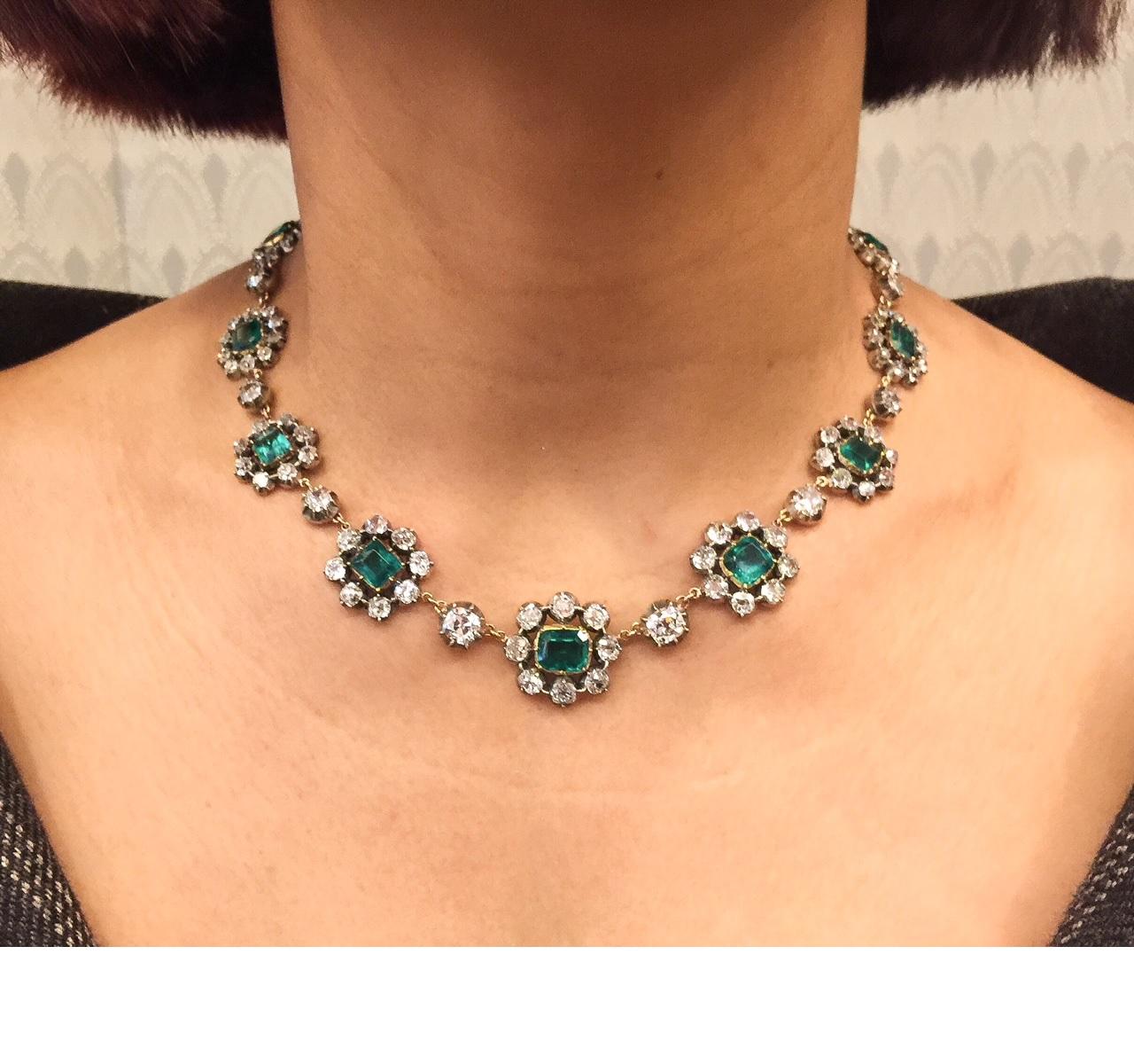 Victorian Emerald and Diamond Cluster Necklace 