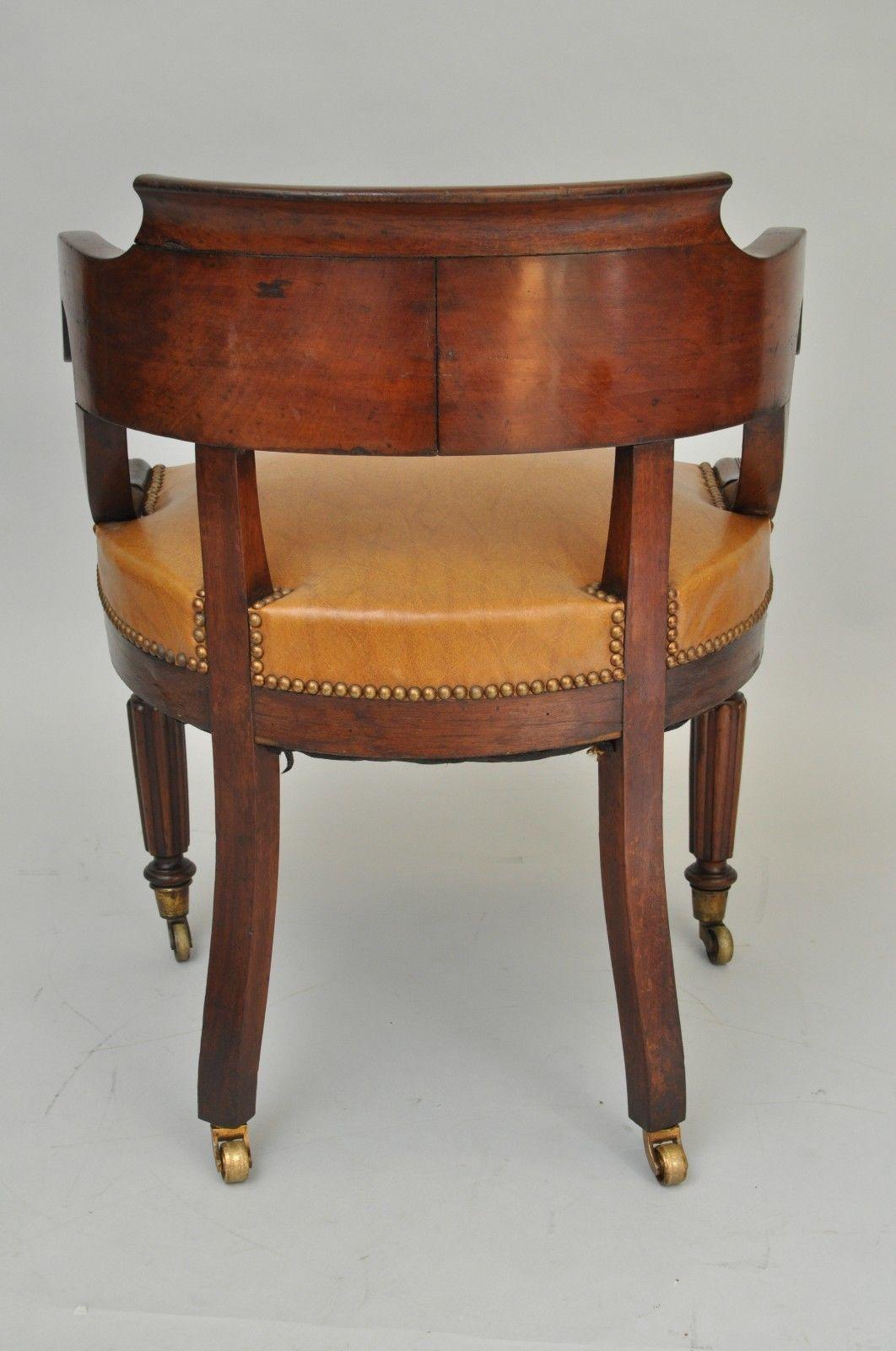 Antique English Empire Regency Mahogany Curved Caramel Leather Library Armchair 5